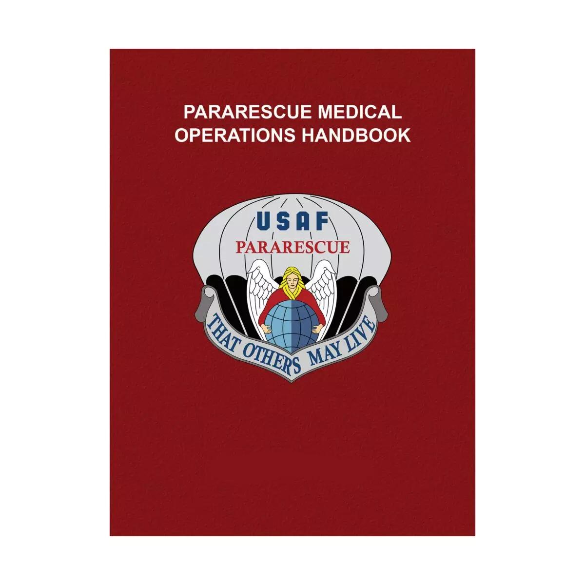 Rotes Cover des Pararescue Medical Operations (PJ MED) Handbook 8th Edition mit silbernem Fallschirmsymbol, goldener Figur am Fallschirm und weißem Titeltext.