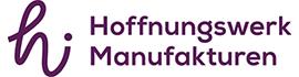 Hoffnungswerk Manufacturen Logo in dunkellila serifenloser Schrift auf weißem Grund