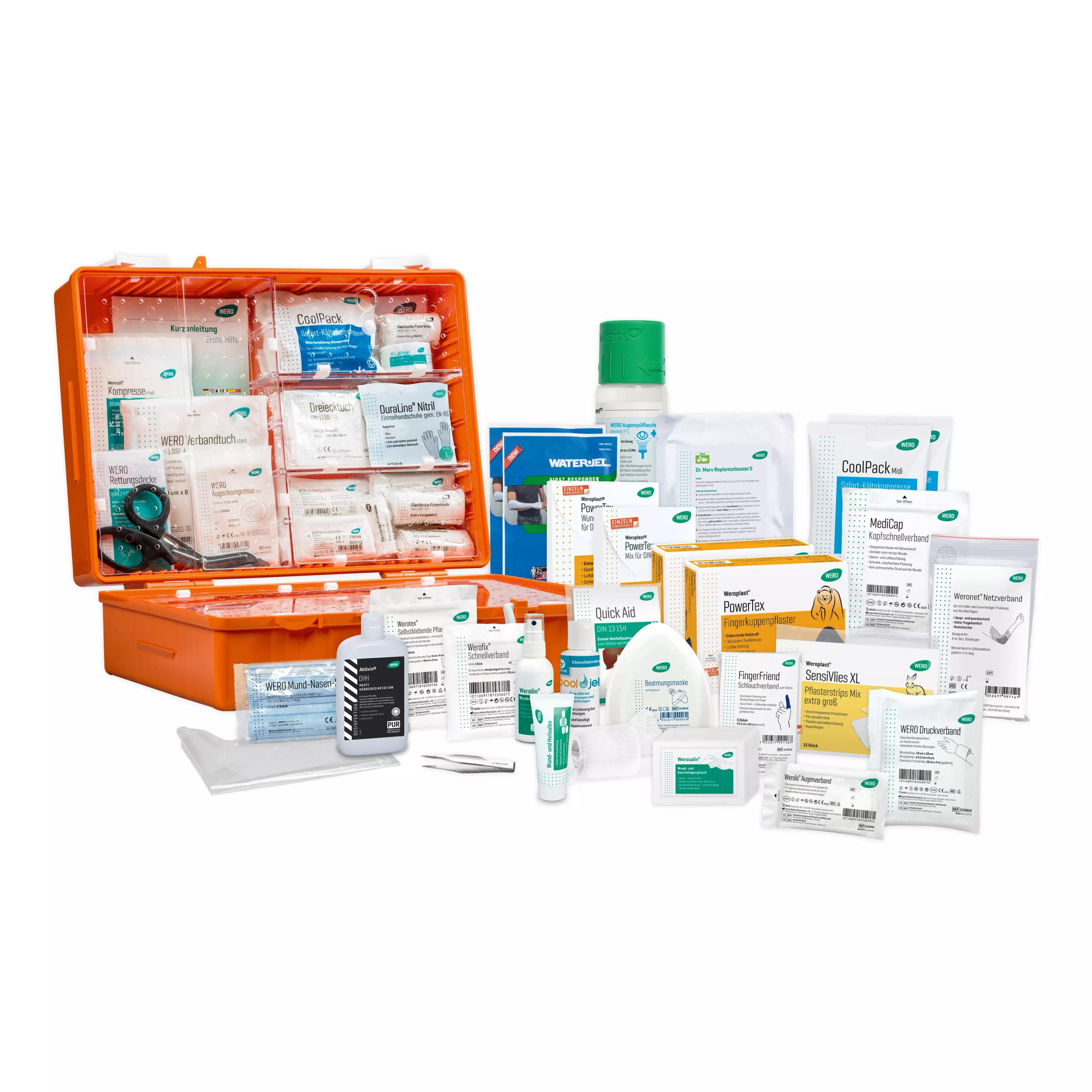 Offener Werotop® 450 Erste Hilfe Koffer Werkstatt / Instandhaltung DIN 13157 mit WERO Füllung, Wundreinigungsspray und Kältekompresse übersichtlich bestückt.