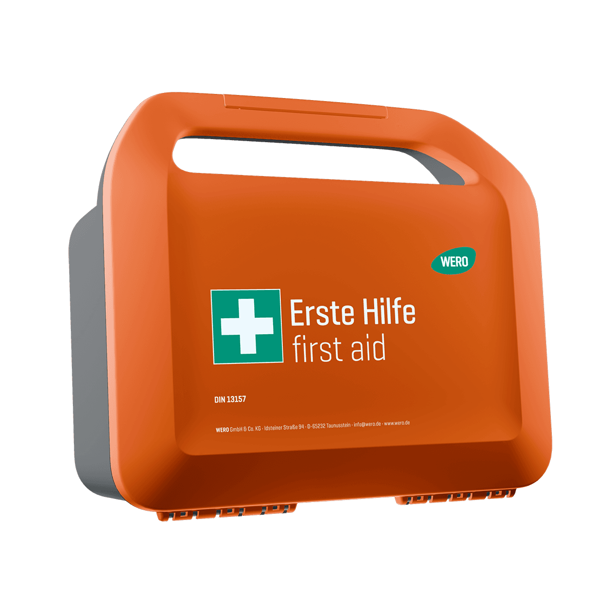 Ein orangefarbener WERO Smart Case® klein Erste-Hilfe-Koffer mit weißem Griff, DIN 13157 Aufdruck und grün-weißem Kreuzsymbol auf der Vorderseite.