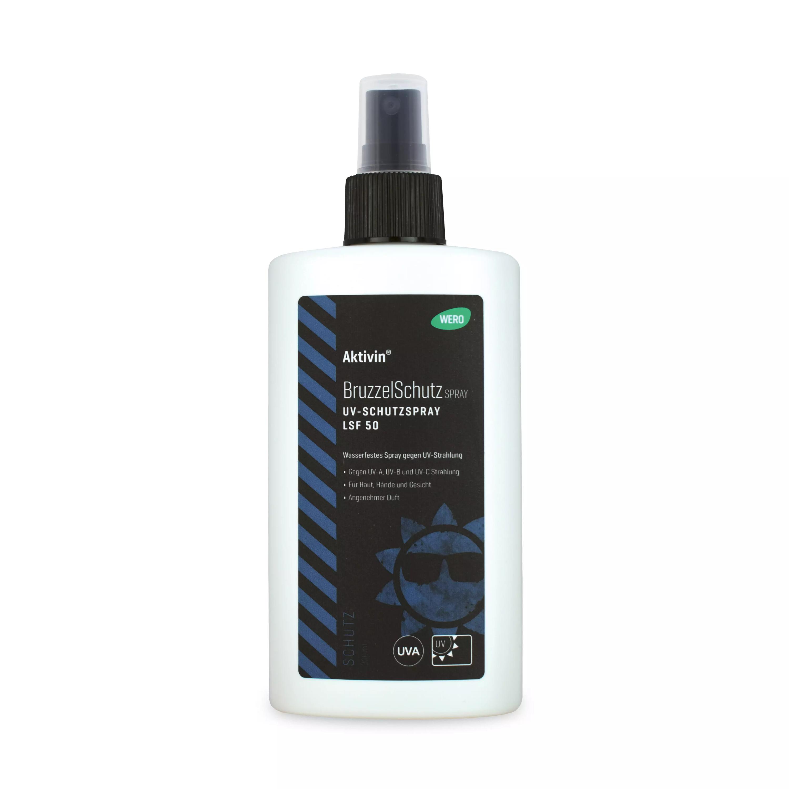Weiße Sprayflasche Aktivin® BruzzelSchutz UV-Schutzspray 200 ml mit schwarzem Deckel, LSF 50, wasserfest, schützt vor UV-A, UV-B und UV-C-Strahlung.