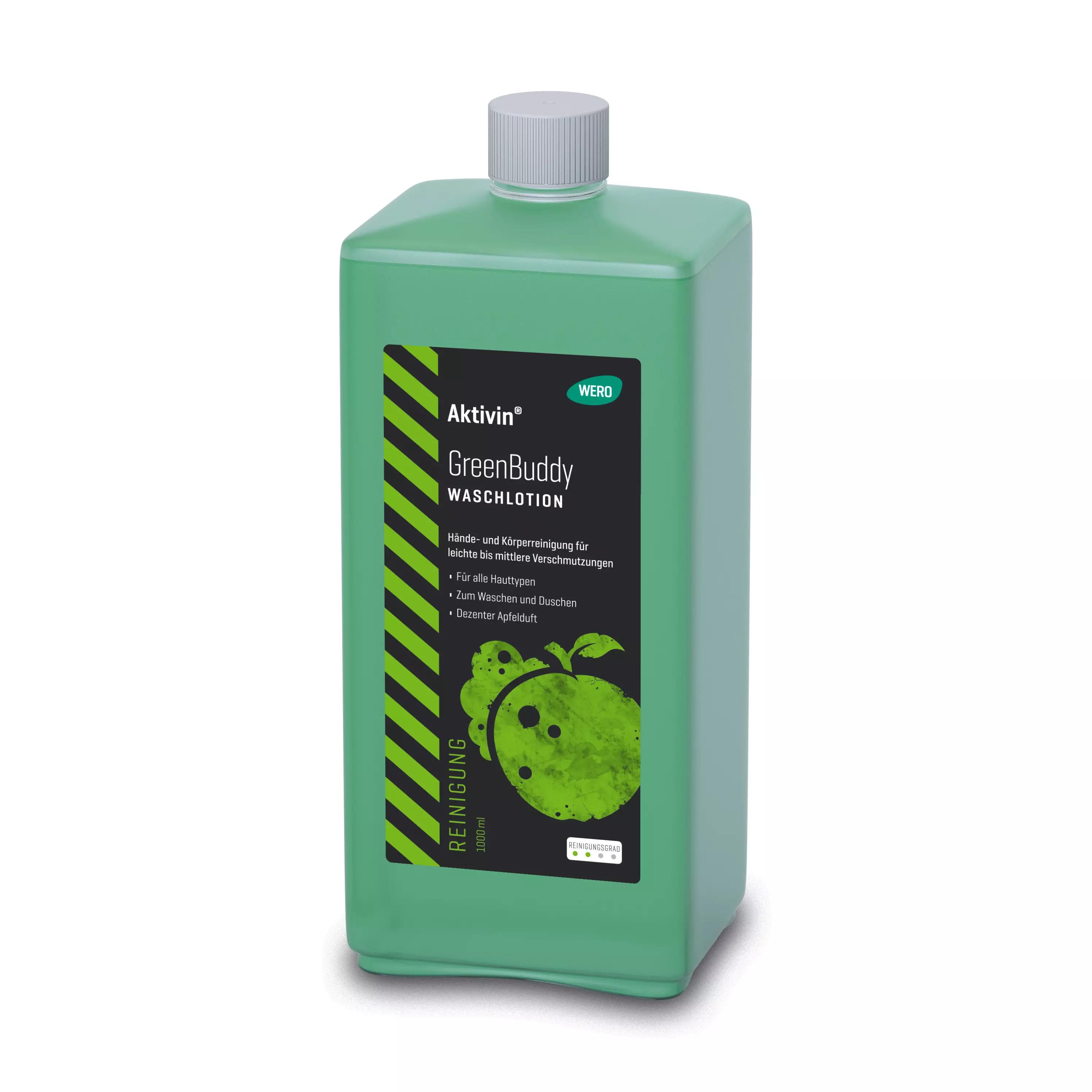 Hohe, rechteckige Flasche der GreenBuddy Wachlotion mit schwarzem Etikett, grünem Apfel und Text auf Deutsch und Englisch, 1000 ml.