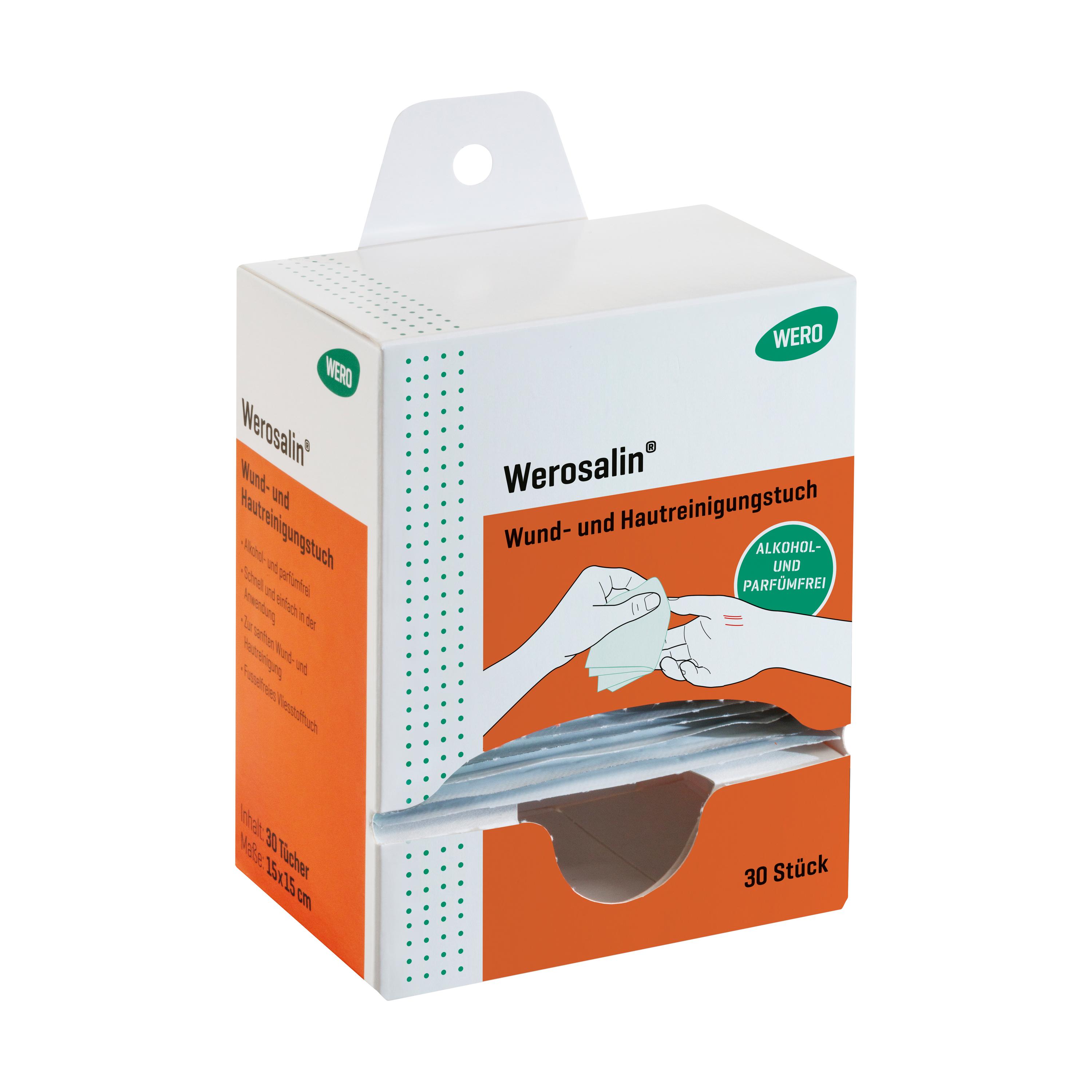 Eine weiße Box mit orangefarbenem Streifen und Aufdruck Werosalin® Wund- und Hautreinigungstuch, zeigt 30 einzeln verpackte, 100 % Viskose-Tücher.