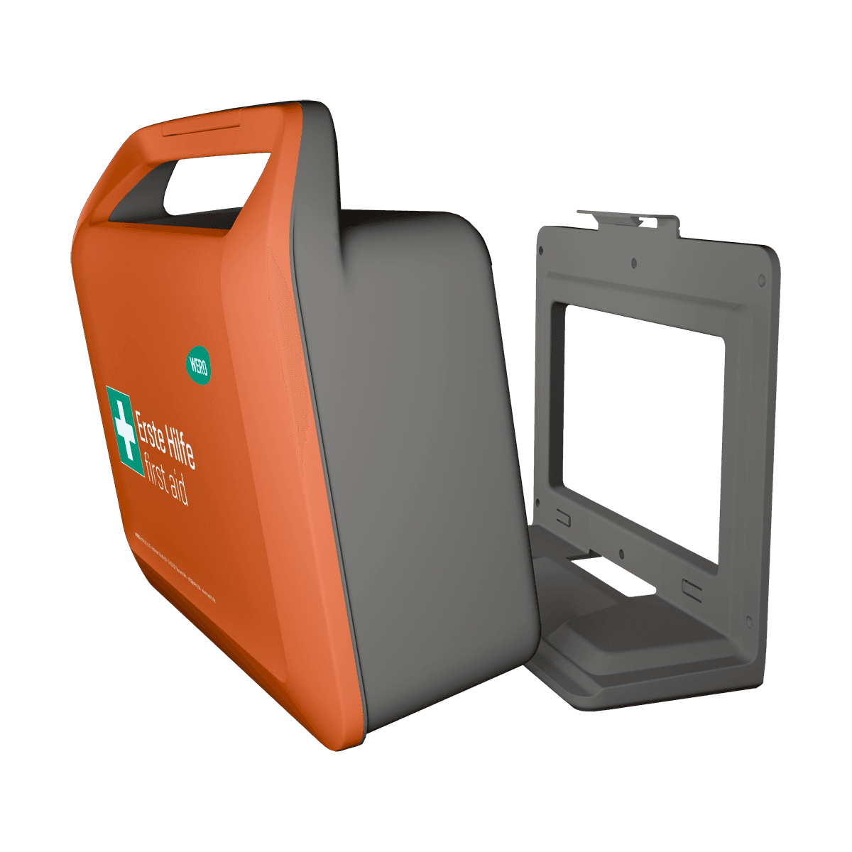 Orange-grauer WERO Smart Case® - Erste-Hilfe-Koffer DIN 13157 mit Griff, grünem Kreuz-Logo, robuster Kunststoffrahmen und abnehmbarem schwarzem Sichtfenster.