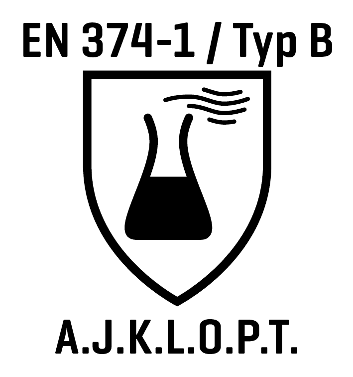 Schwarzes Chemieflaschen-Symbol mit dampfenden Wellen auf einem weißen schildförmigen Wappen.