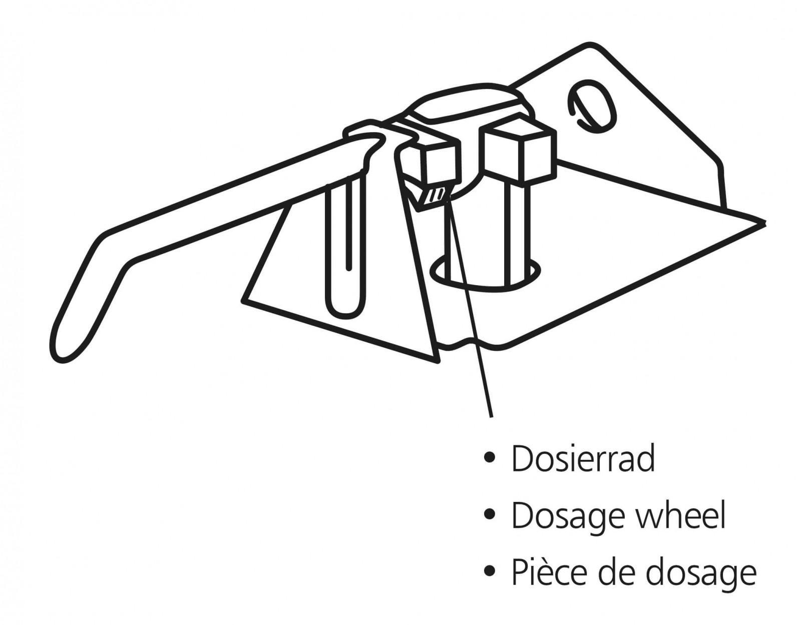 Technische Zeichnung eines Dosiergeräts mit Dosierrad, Dosierstück, gebogenem Griff und markierten Funktionsbereichen