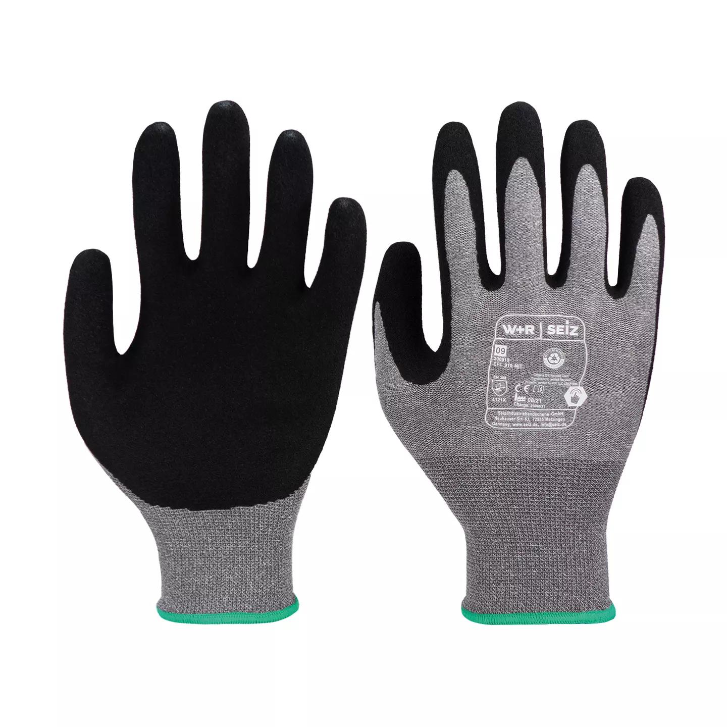 Zwei Hände tragen den Montagehandschuh ECO Star NIT, 10 Paar - 8 mit schwarzer Handfläche, grauem Handrücken und grünem Bund.