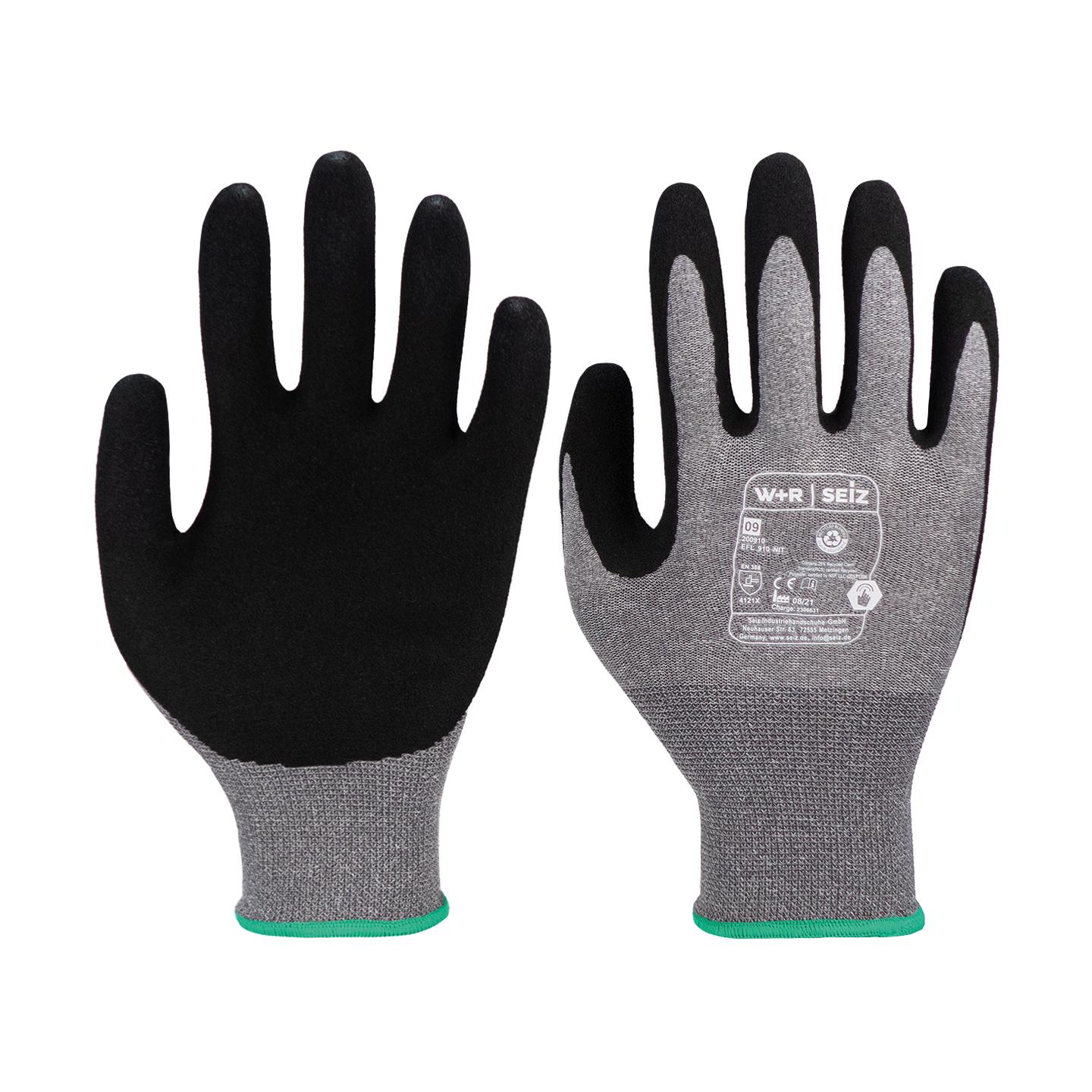 Zwei Hände tragen den Montagehandschuh ECO Star NIT, 10 Paar - 8 mit schwarzer Handfläche, grauem Handrücken und grünem Bund.