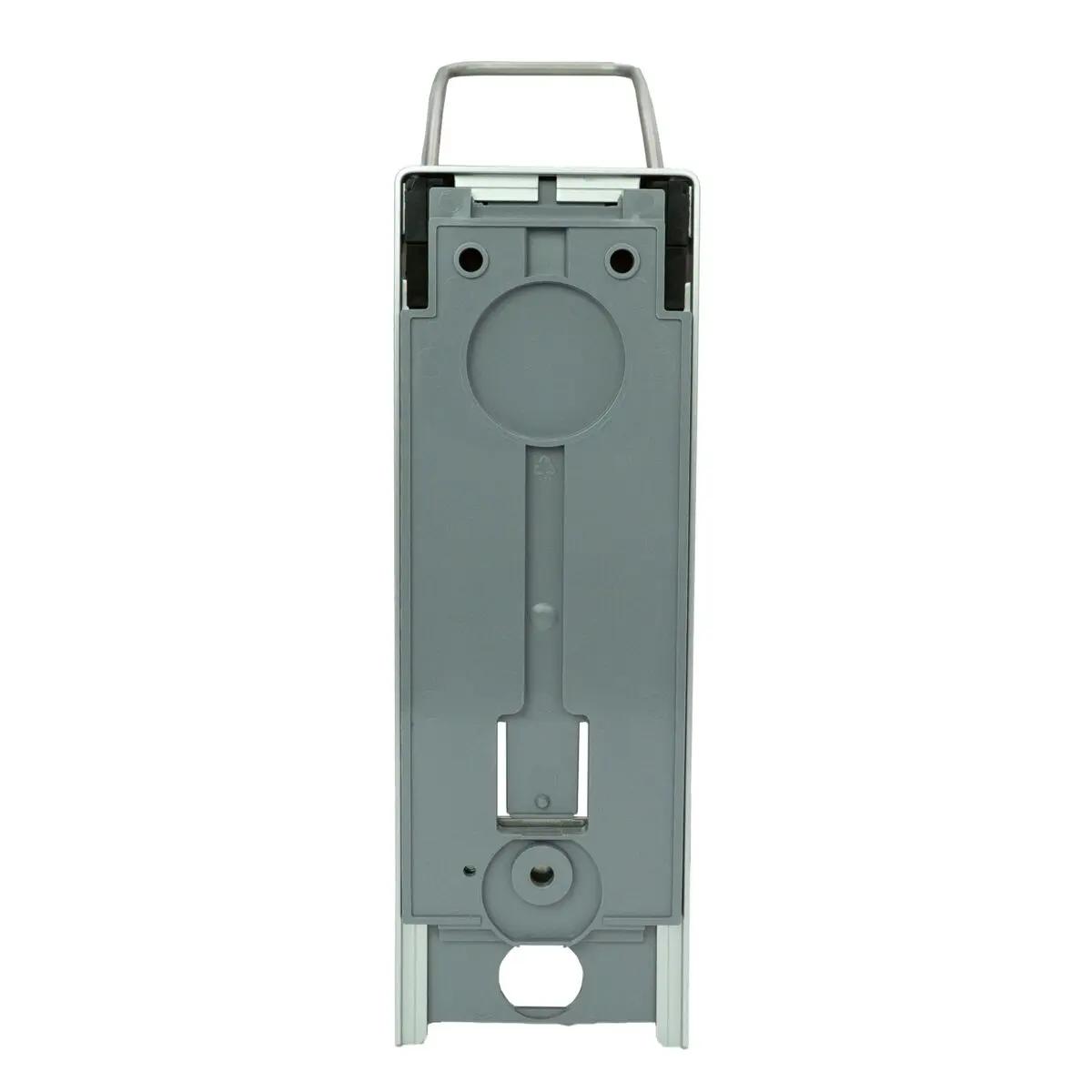 Rechteckiger ALU-Direktspender für Flüssigseifen und Lotionen, mit Griff, Pumpenöffnung vorn und vertikalem Sichtfenster, an der Wand befestigt.