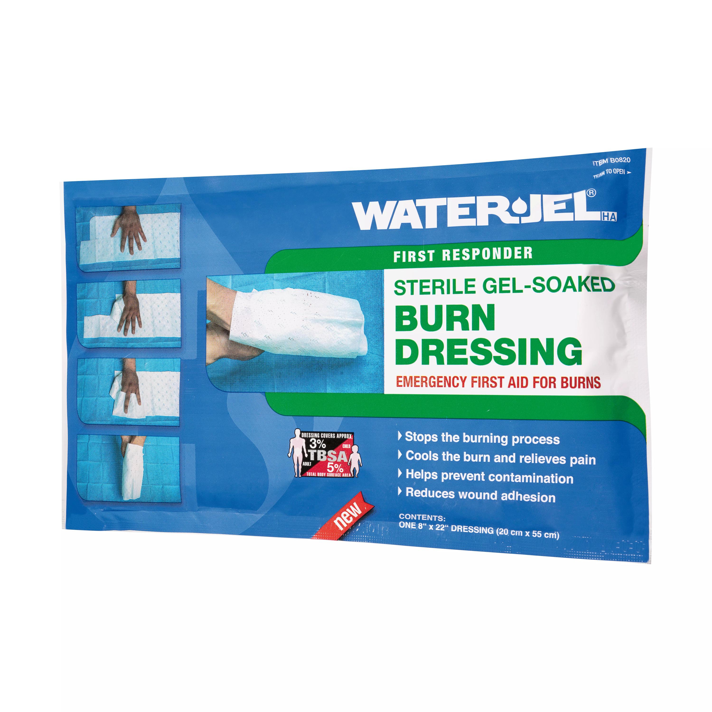 Steril verpackte WATER-JEL® HA First Responder Handkompresse zur schnellen Kühlung und isolierten Versorgung von Handverbrennungen, 20 x 55 cm.
