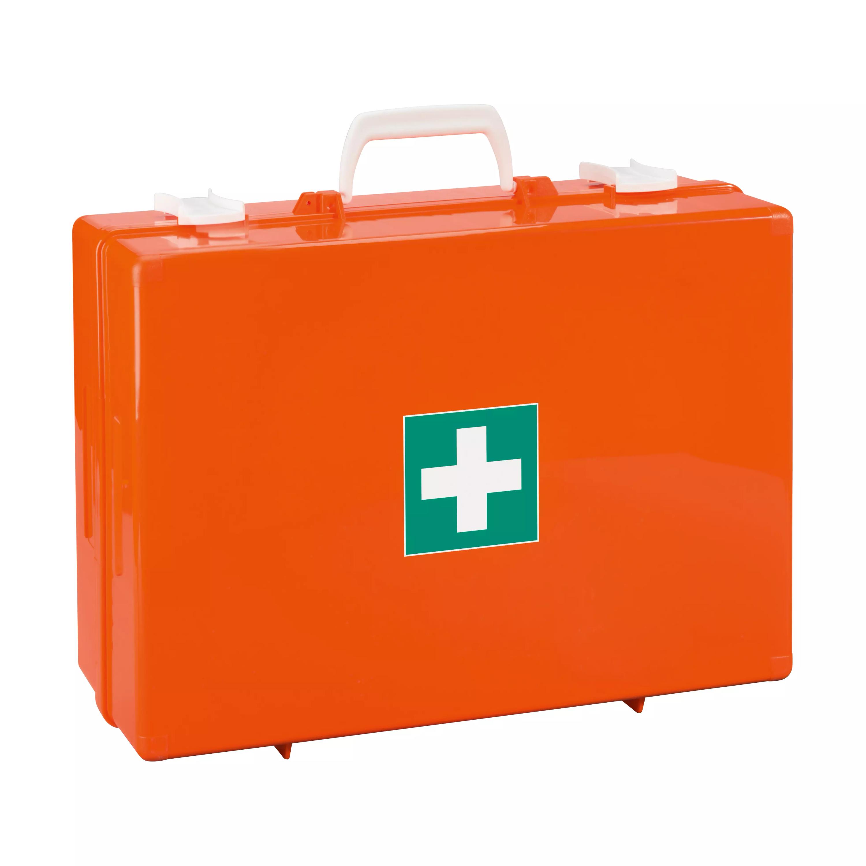 Ein orangefarbener Werotop® Erste Hilfe Koffer 450 aus festem ABS-Kunststoff mit weißem Griff, Clip-Verschluss und grünem Kreuz vorne.