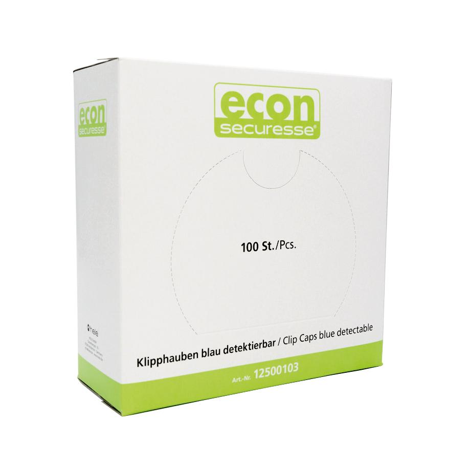 Geschlossene Verpackung der Einweghaube, 100 Stk - Blau, detektierbar mit grünem Etikett und Produktdetails in Deutsch und Englisch.