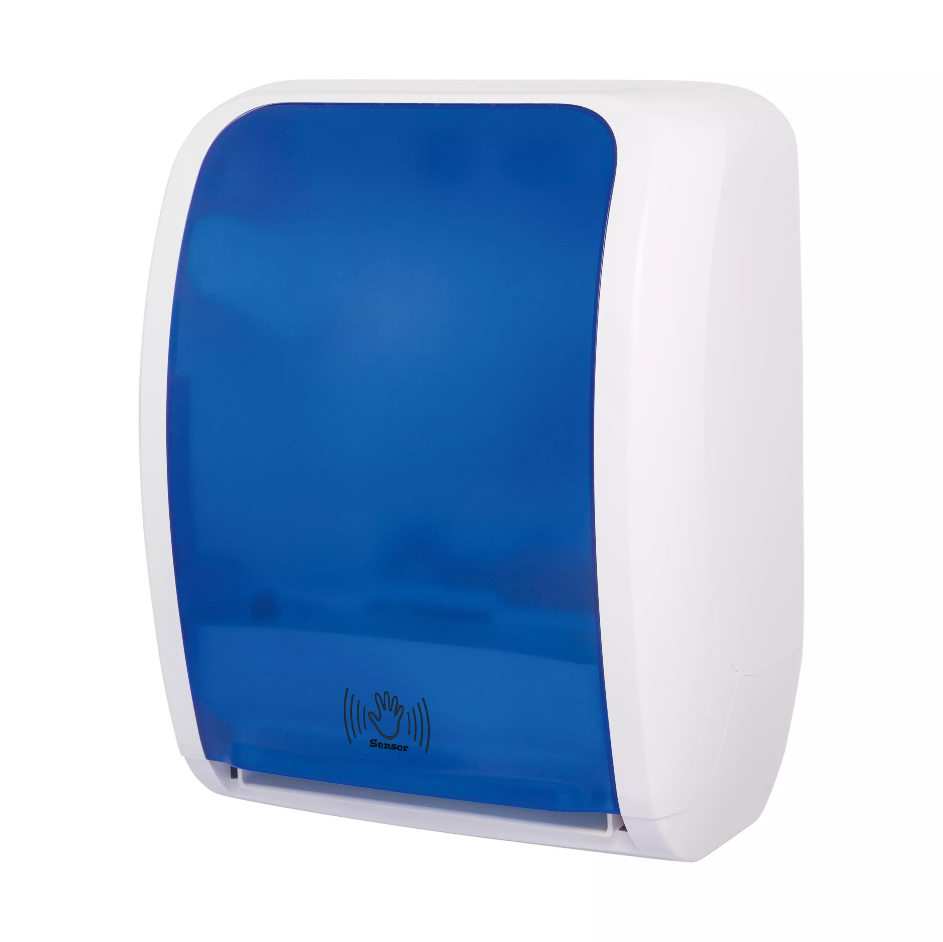 Handtuchspender RATIO touchless in Blau mit transparenter Front, automatischem Sensor und weißem Rahmen für hygienische Papierentnahme.