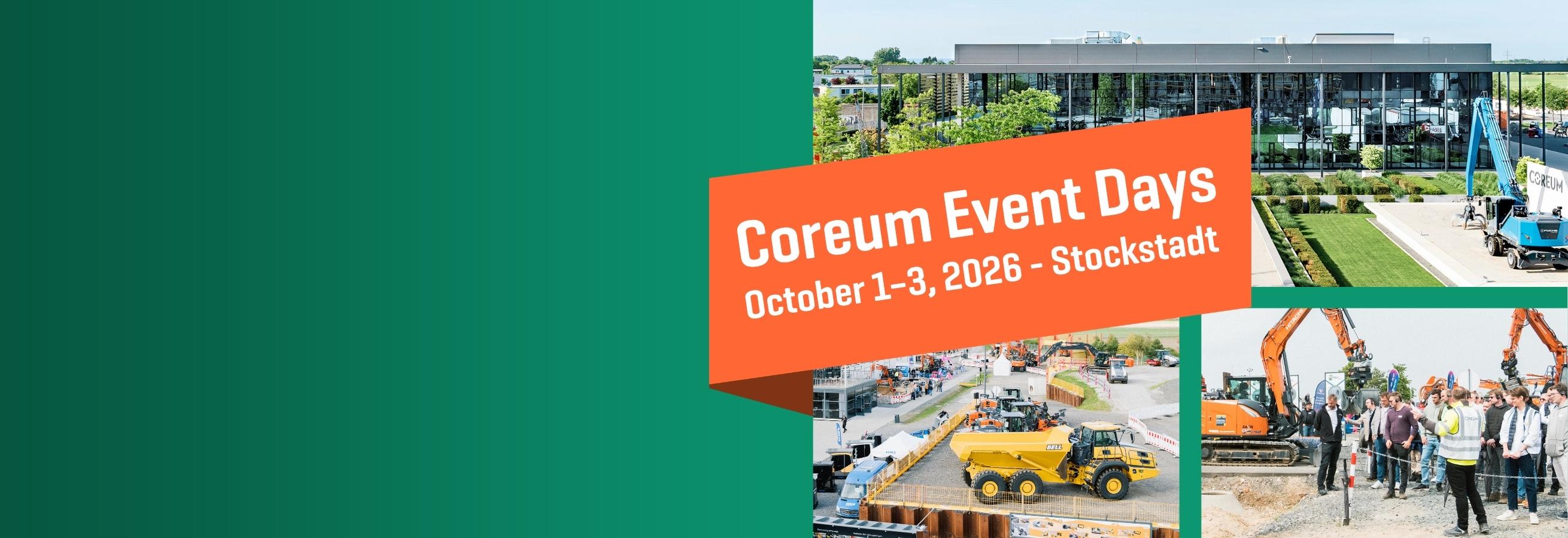 Grünes Coreum Event Days Banner mit weißer Schrift, darunter drei Fotos mit gelben Baumaschinen und Bauarbeitern an verschiedenen Baustellen.