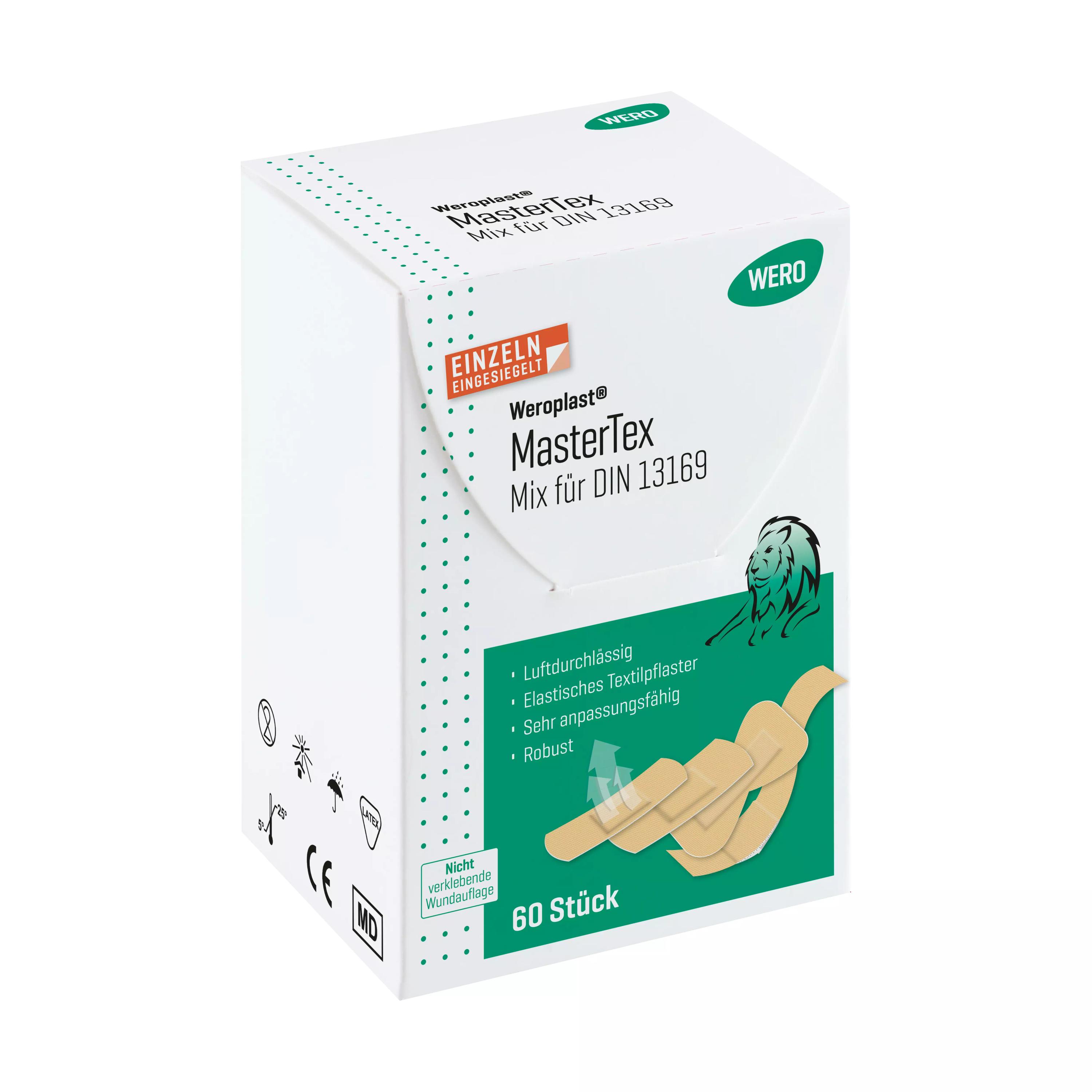 Ein stehender Karton Pflasterset Weroplast® MasterTex - Mix DIN 13169 / 14142 mit grüner Löwen-Etikett, einzeln verpackt und hoher Anpassungsfähigkeit.