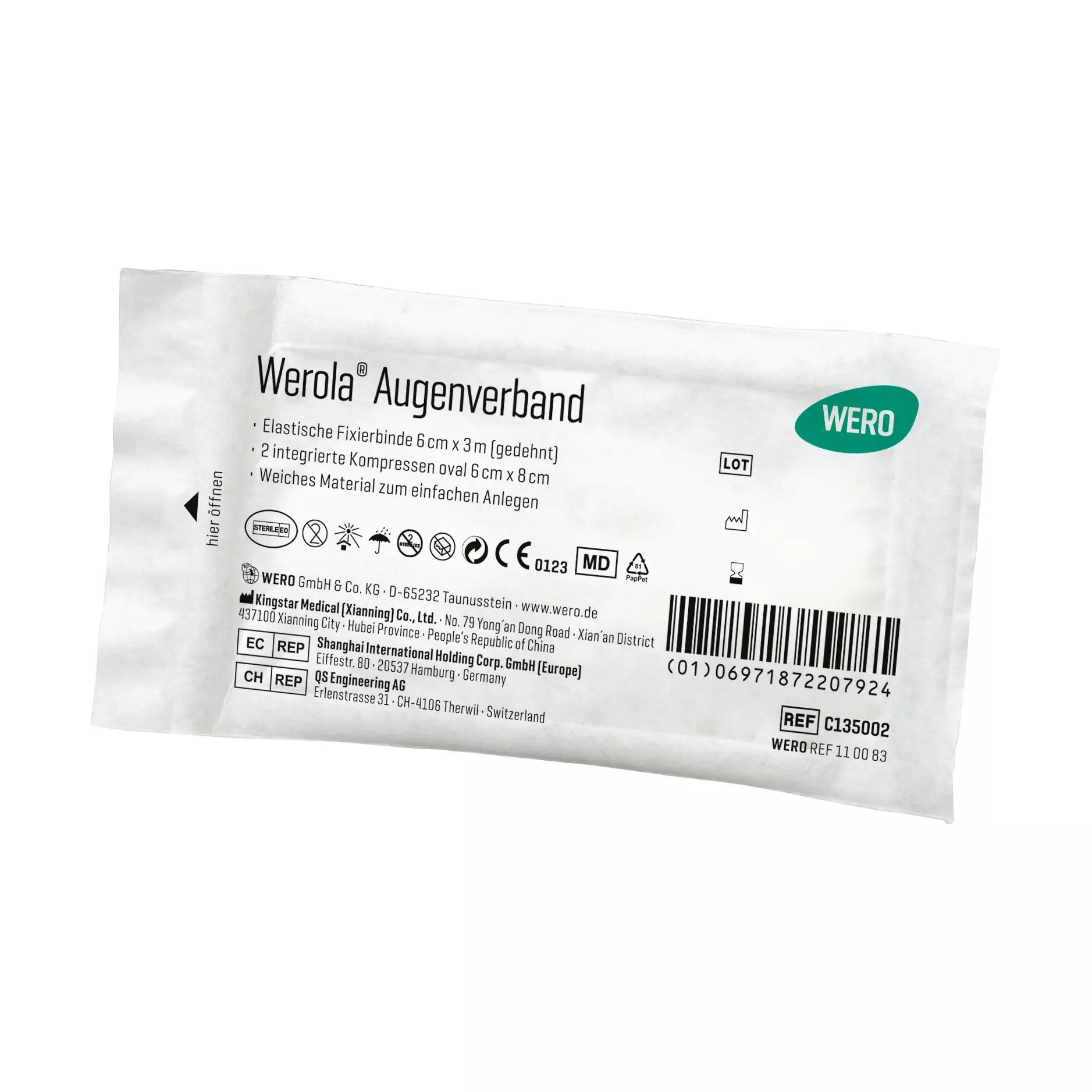 Weiße Verpackung des Werola® Augenverband mit Produktangaben, Barcode und Herstellerdaten, steril, kombiniert weiche, ovale Kompressen mit elastischer Fixierbinde.