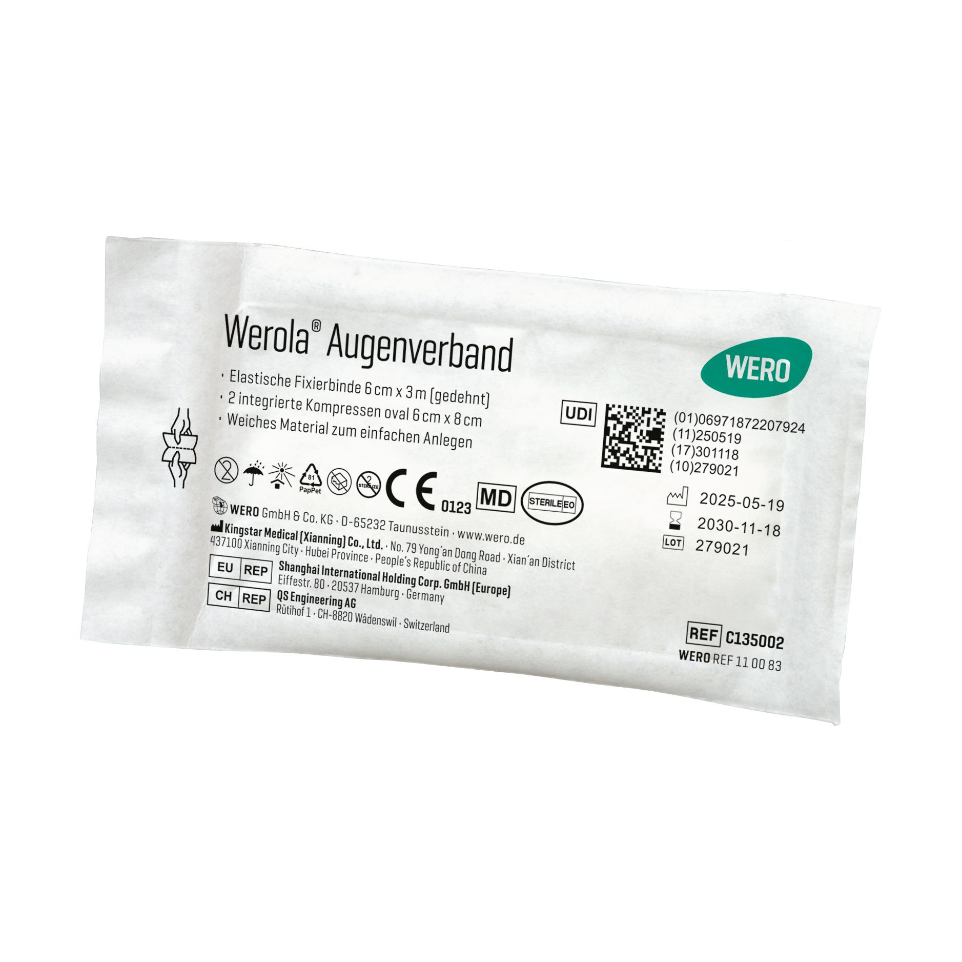 Weiße Verpackung des Werola® Augenverband mit Produktangaben, Barcode und Herstellerdaten, steril, kombiniert weiche, ovale Kompressen mit elastischer Fixierbinde.