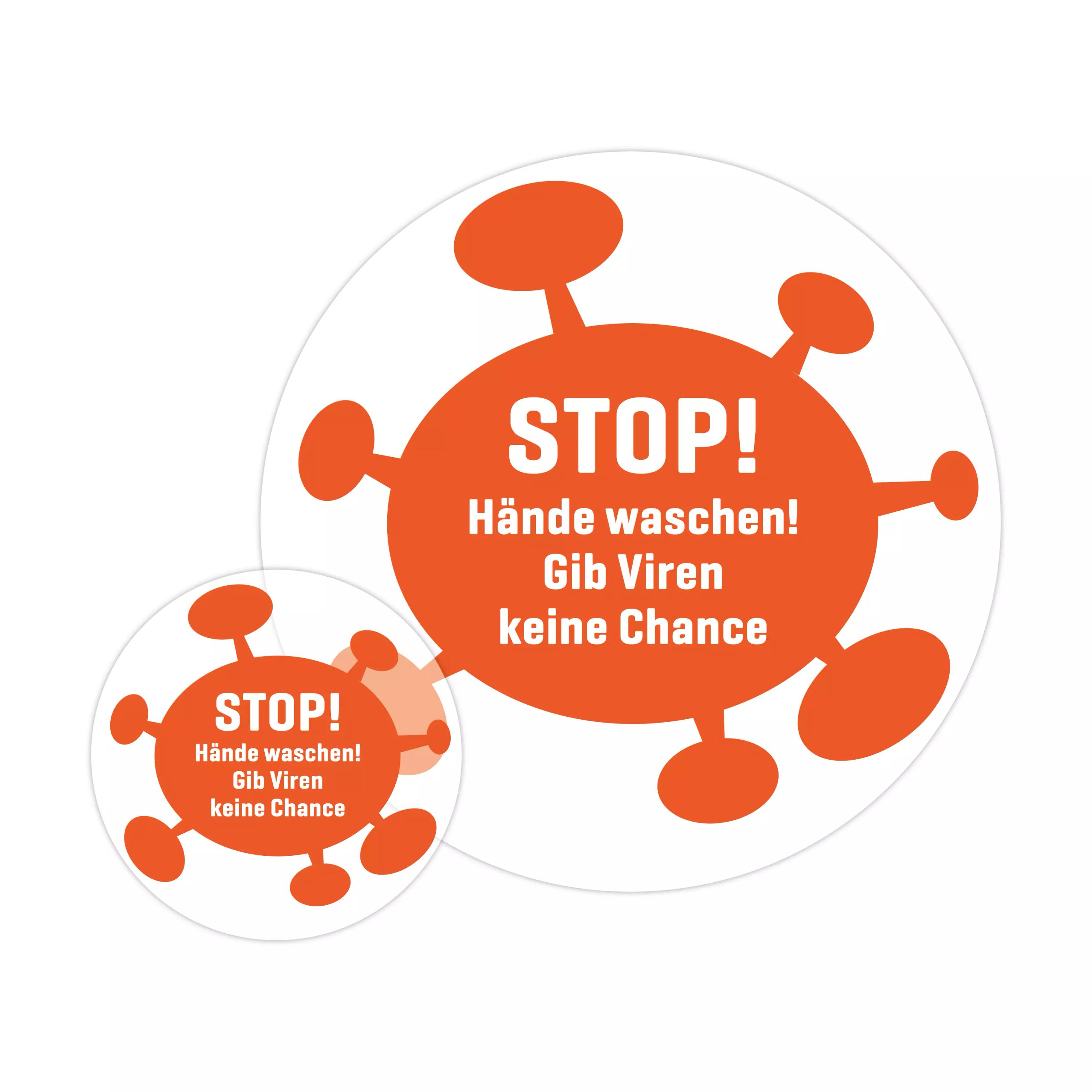 Zwei orange-weiße Aufkleber „Aufkleber: Stop! Hände waschen! Gib Viren keine Chance“ mit Coronavirus-Symbol und Hygienehinweis in Deutsch.