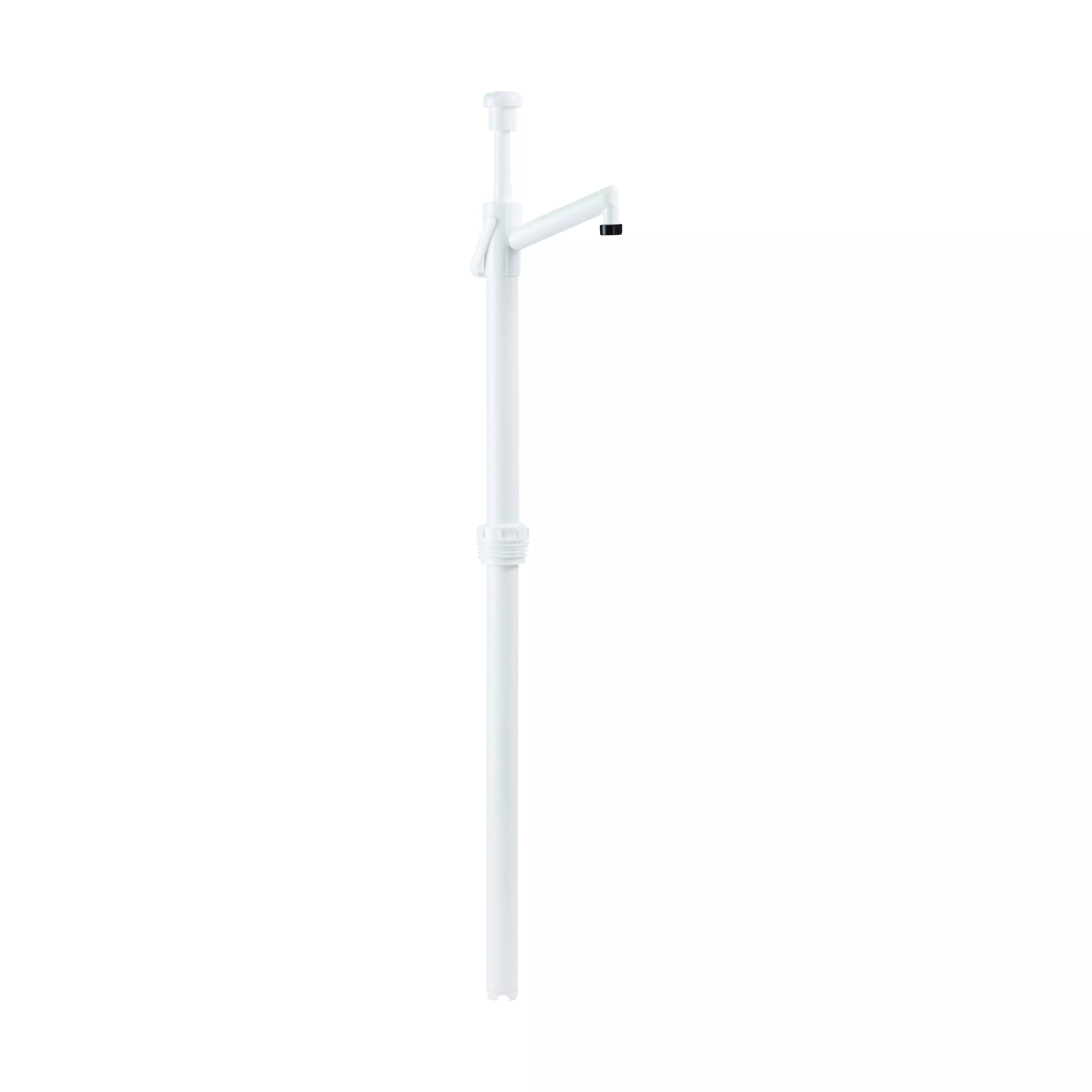 Weiße Dosierpumpe für 200 Liter Fass inklusive Auslaufstopfen, aufrecht stehend mit seitlichem schwarzem Hebel und Pumpspender.