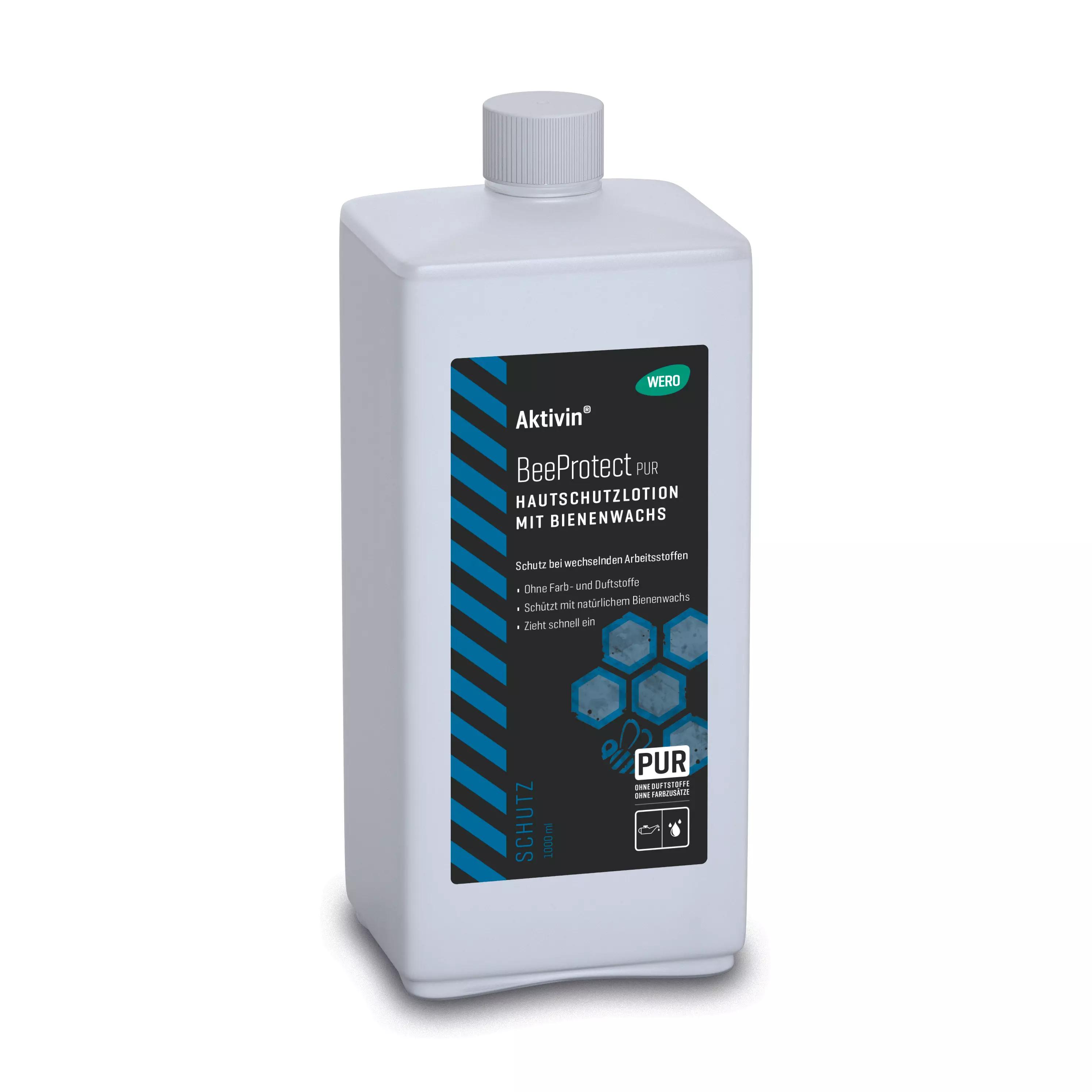 Eine schmale Flasche Hautschutzlotion Aktivin® BeeProtect PUR mit blauem Etikett, parfümfrei, farbstofffrei und für Allergiker geeignet.