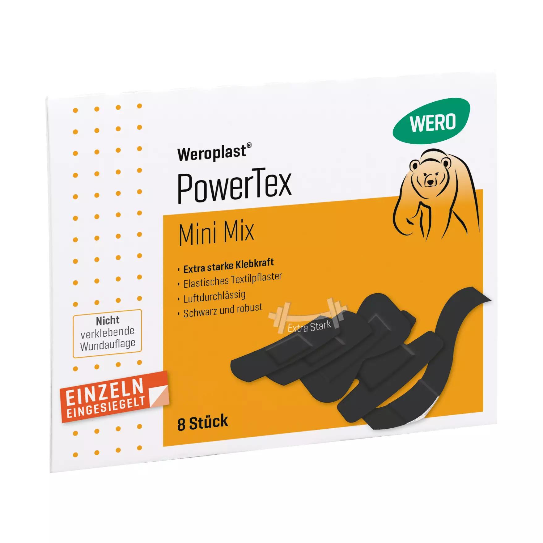 Weiße Verpackung Weroplast® PowerTex Pflaster - Mini Mix mit gelben Akzenten, Bärenillustration und Hinweis auf extra starke, schwarze, elastische Pflaster.