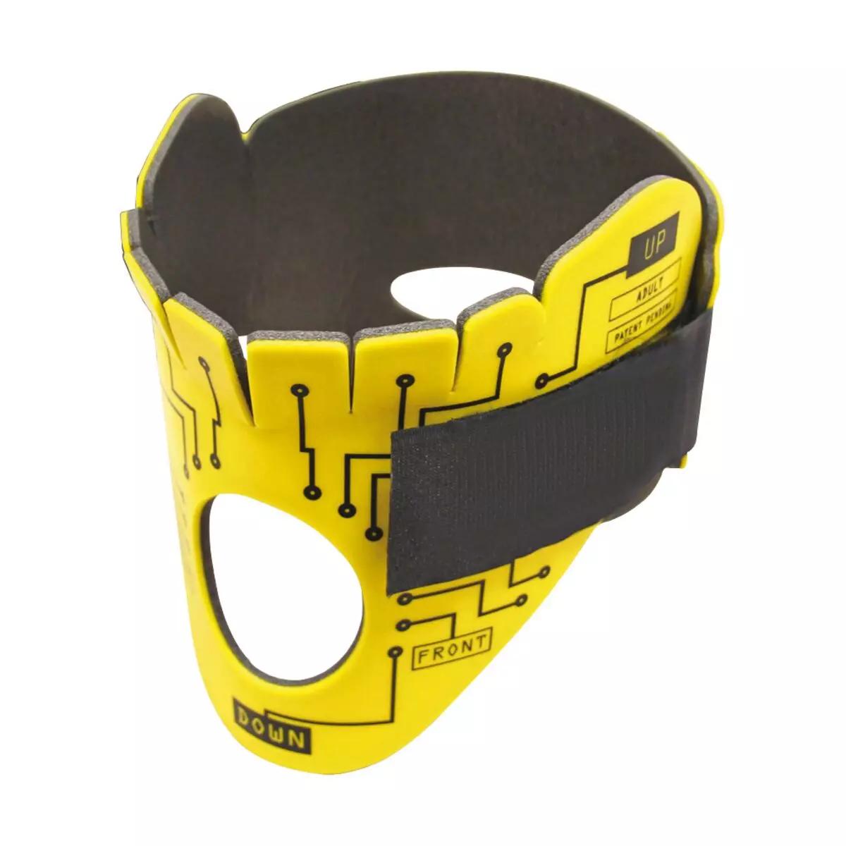 Ein seitlich gezeigter Immobilisationskragen Necklite™ - Gelb zeigt einen schwarzen Klettverschluss, flexible Aluminiumschaumstoff-Konstruktion und klare Aufdrucke.
