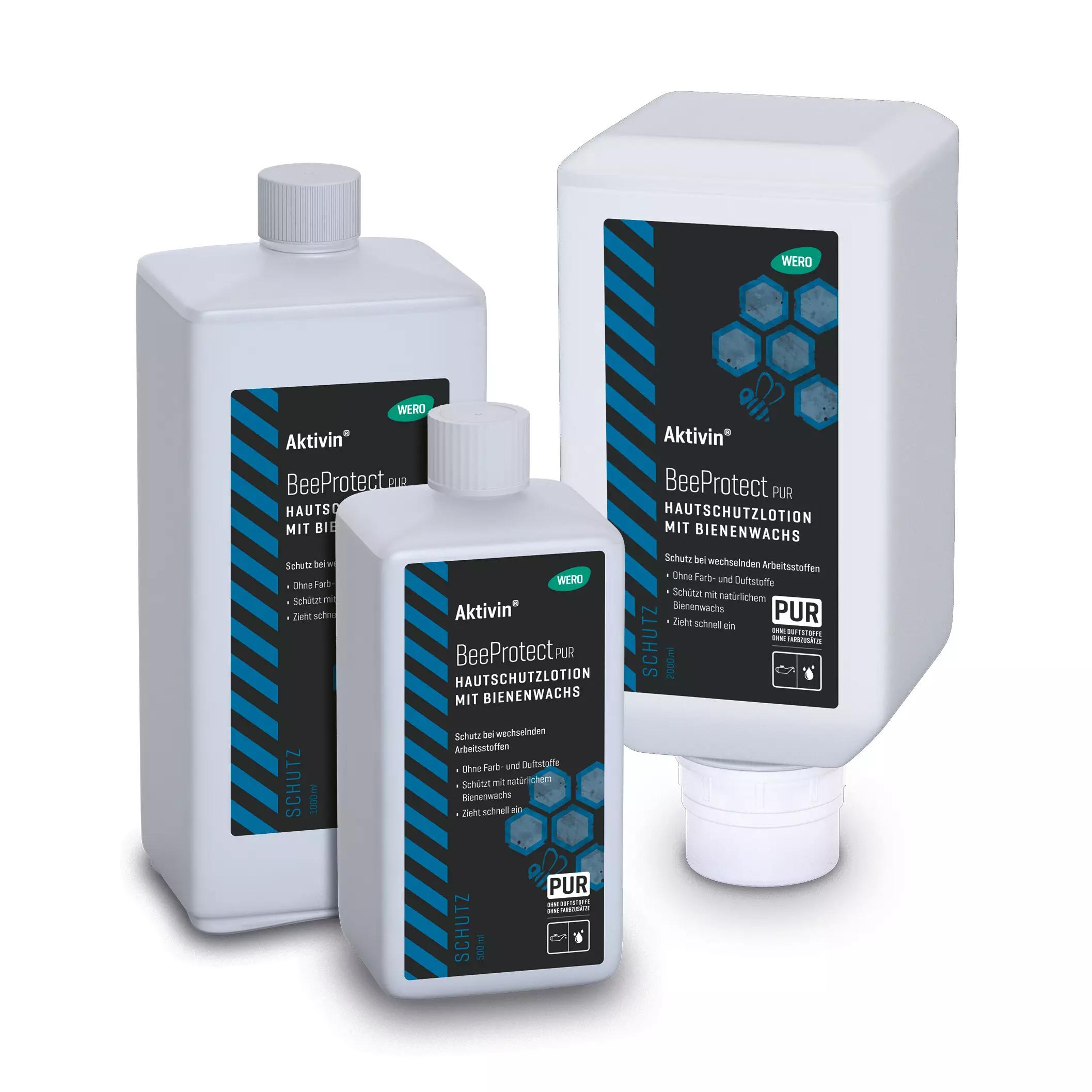 Drei diagonale Softflaschen Hautschutzlotion Aktivin® BeeProtect PUR mit weiß-blauen Etiketten, WERO Logo und weißen Schraubverschlüssen.