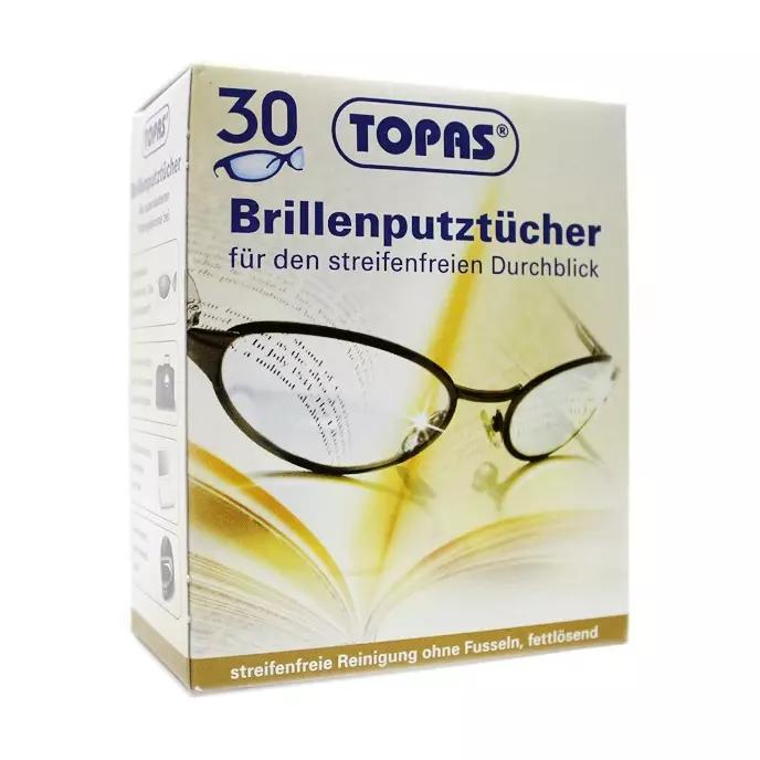 Eine Packung Brillenputztuch, 30 Stk, mit Brille auf Buch, geeignet für die gründliche und schonende Reinigung von Brillengläsern.