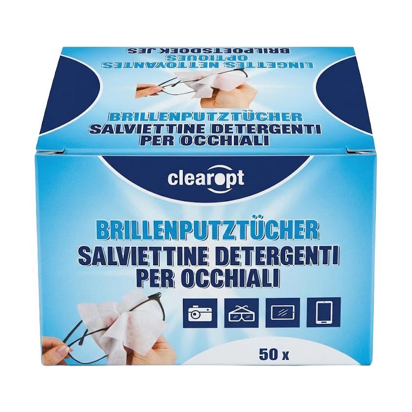 Eine Packung Brillenputztuch, 30 Stk, mit Brille auf Buch, geeignet für die gründliche und schonende Reinigung von Brillengläsern.