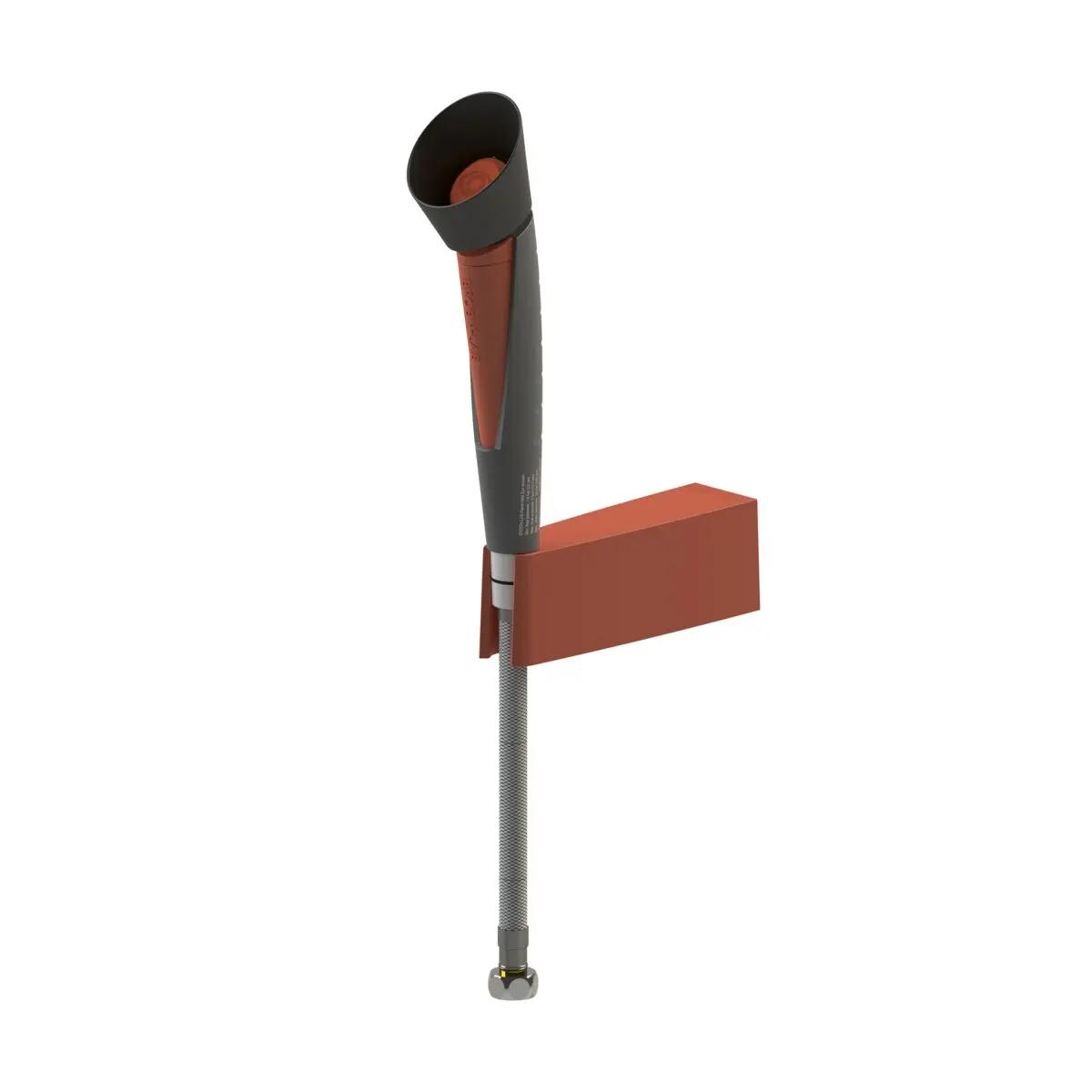 Handaugendusche inkl. Wandhalterung mit ergonomischem Griff, 45° Duschkopf und Bedienung per Taste, seitlich befestigt mit Schraube.