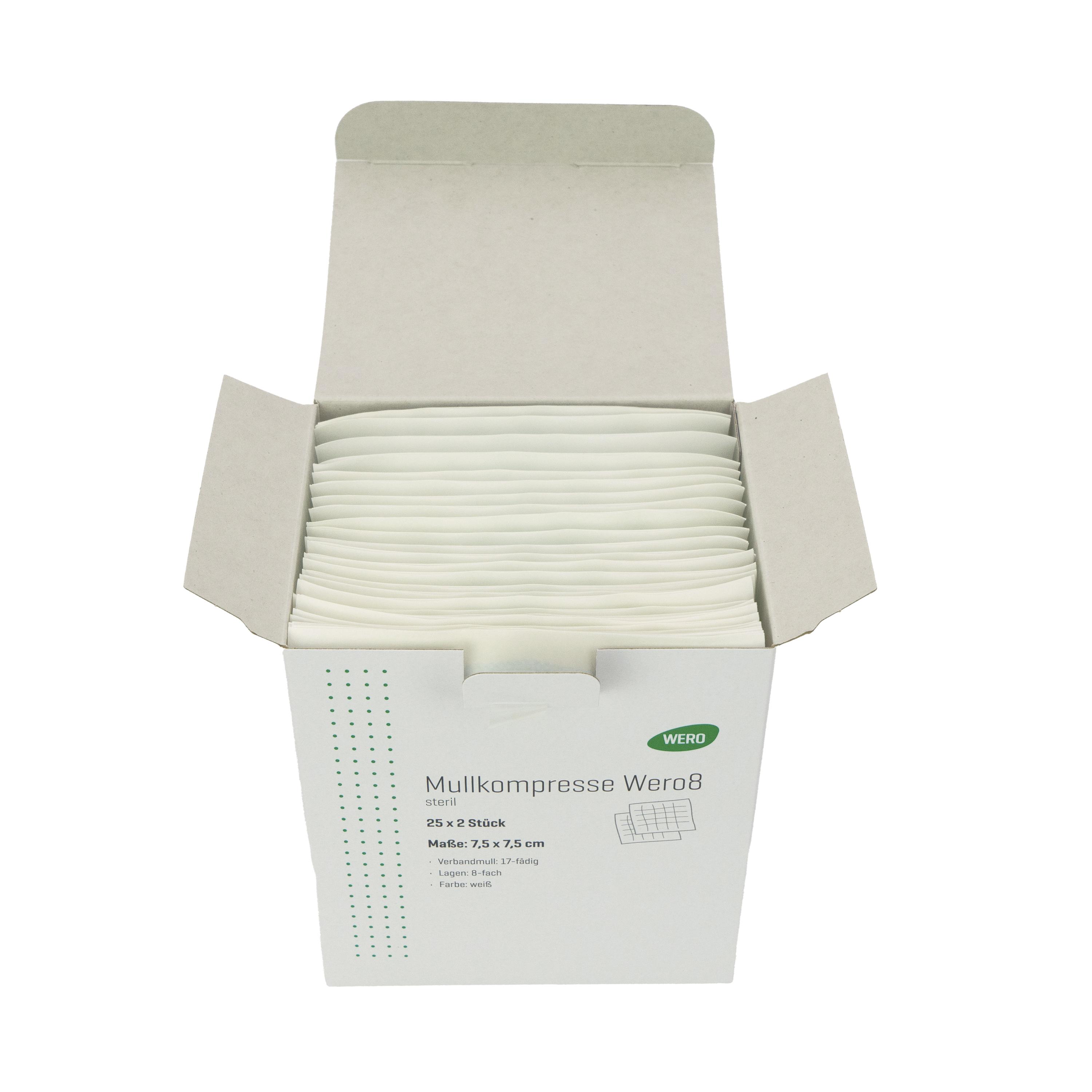 Weiße Mullkompresse Wero8, 7,5 x 7,5 cm, steril, aus 100 % Baumwolle, ordentlich gestapelt in geöffneter Verpackung mit grünem Label.
