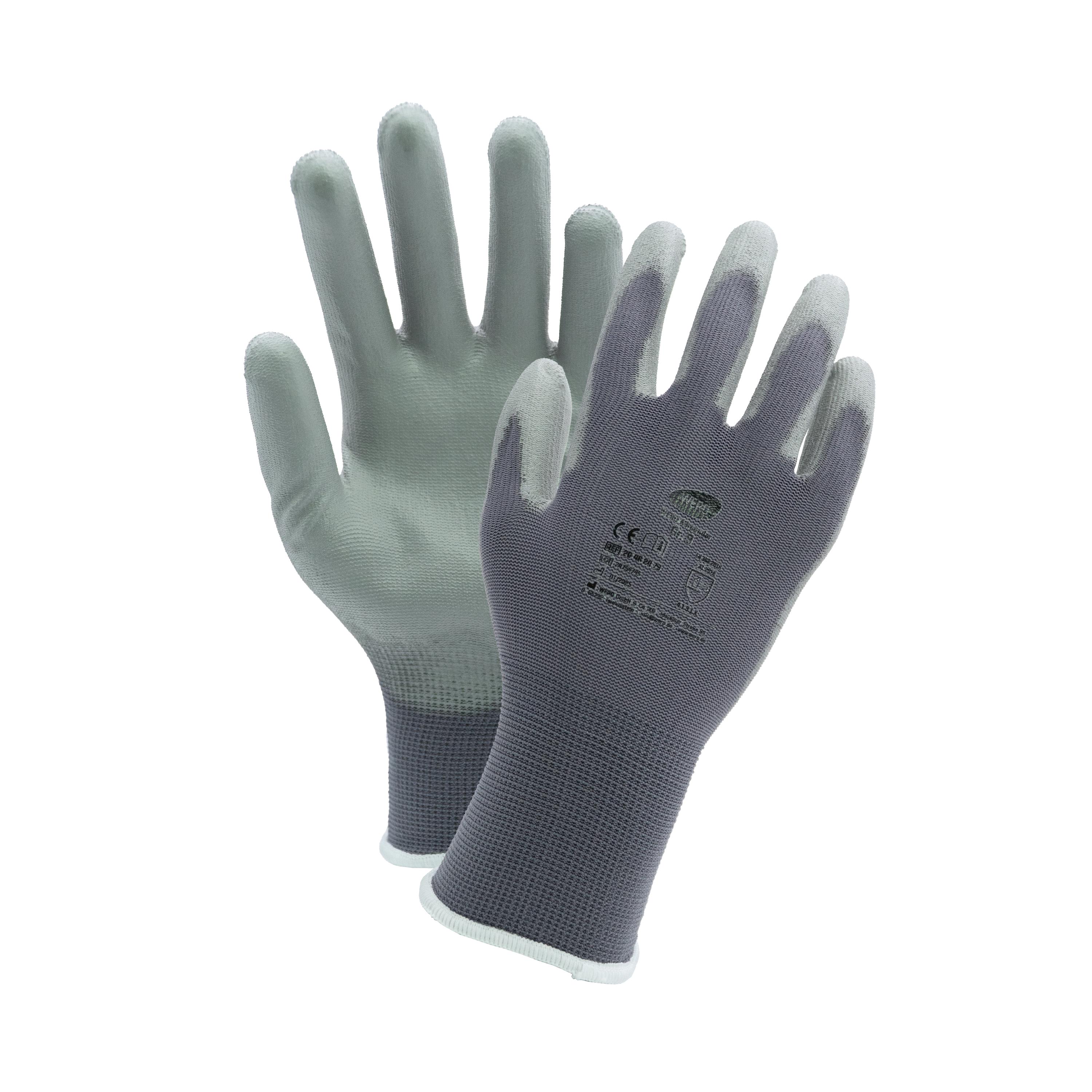 Ein Paar Feinstrickhandschuh WERO Allrounder in grau, Größe 8, mit texturierter PU-Beschichtung und orangefarbenem Bündchen, Handflächen offen.