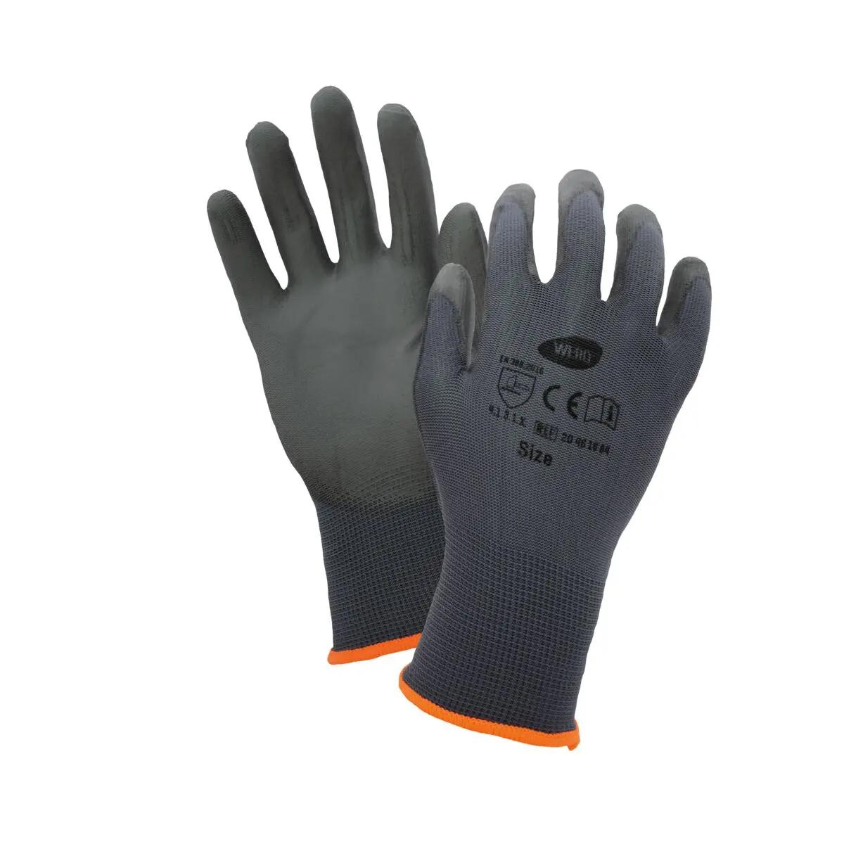Ein Paar Feinstrickhandschuh WERO Allrounder in grau, Größe 8, mit texturierter PU-Beschichtung und orangefarbenem Bündchen, Handflächen offen.