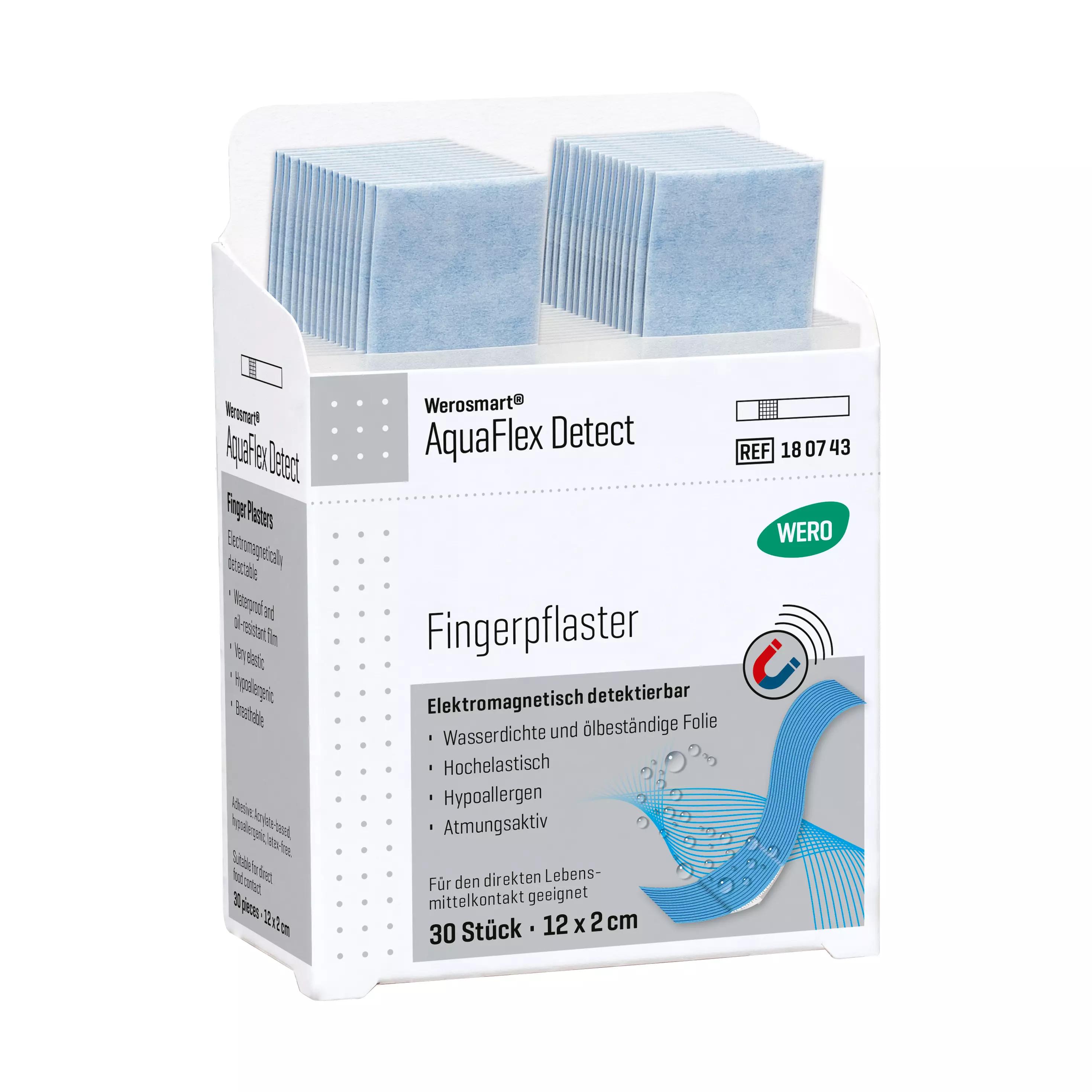 Weiße Box mit Werosmart® AquaFlex Detect Pflasterspender-Einsätze Fingerpflaster, elektronisch detektierbar, wasserdicht und ölbeständig, 12 cm Größe.