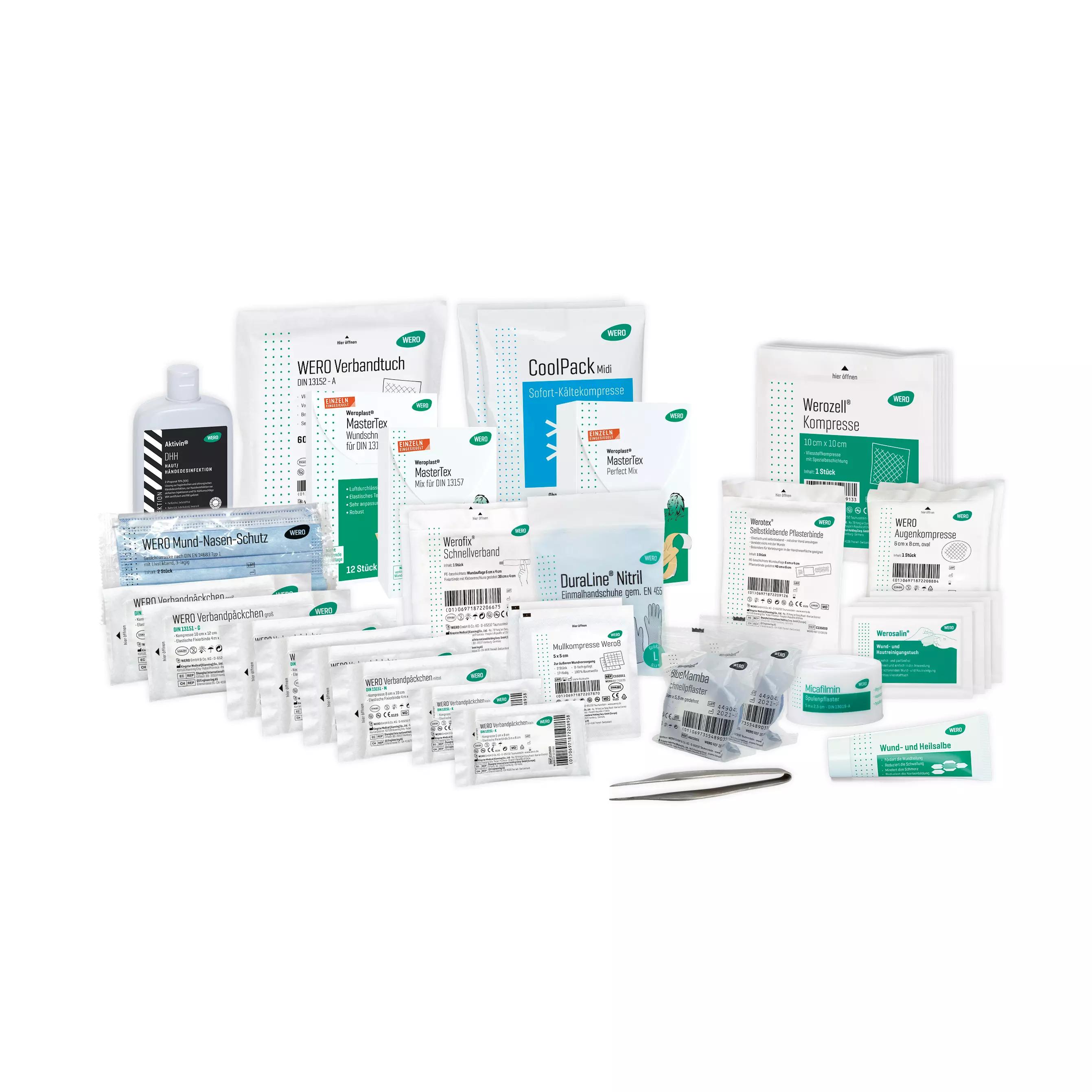 WERO Austausch-Set DIN 13157 Allround Plus mit Weroplast MasterTex Pflaster, bestehend aus unterschiedlichen Verbandstoffen, Pflastern und medizinischem Zubehör.