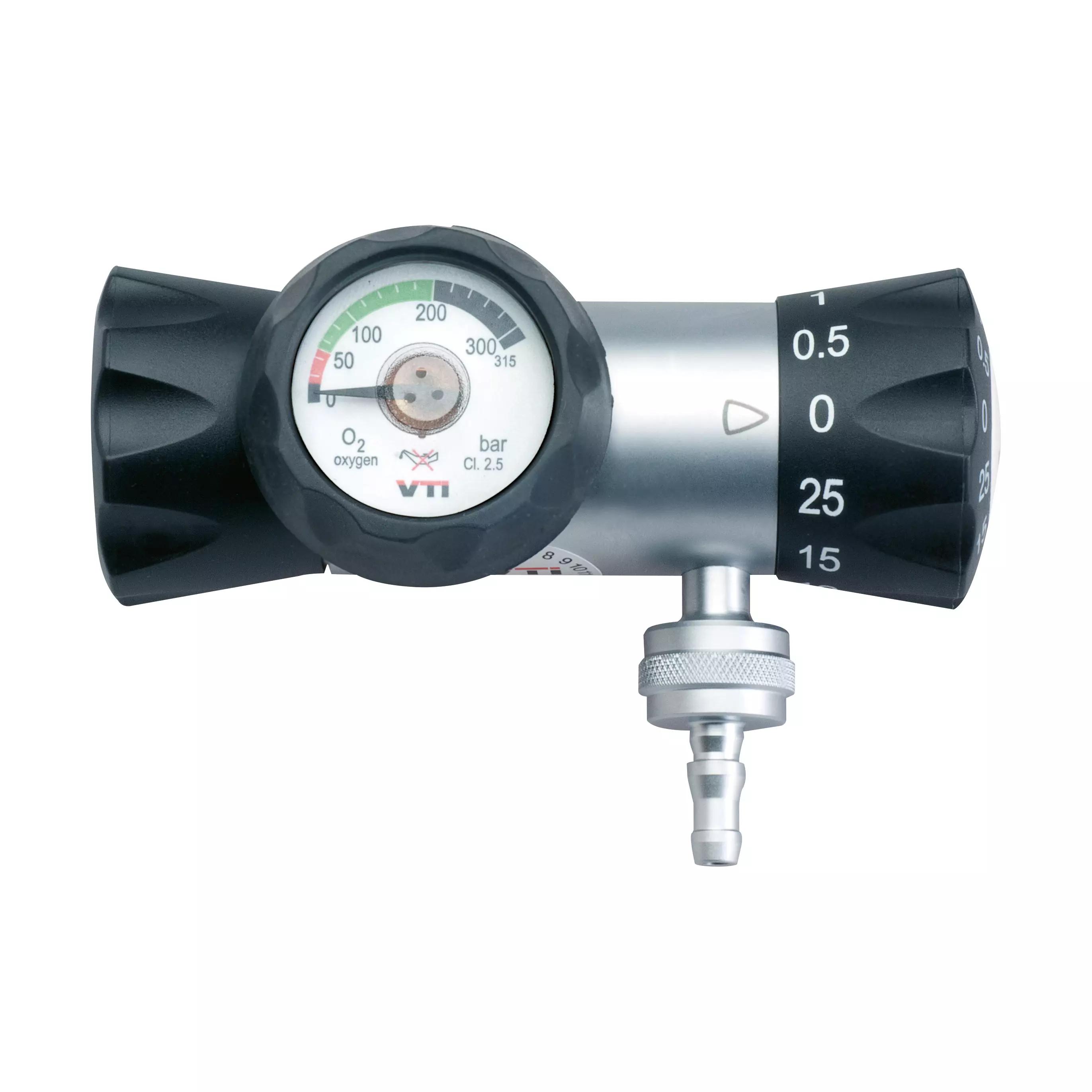 Ein silberner Druckminderer Select Ergo 25 mit schwarzem Griff, Manometer und G 3/4“-Anschluss zur Druckreduzierung von medizinischen Gasen.