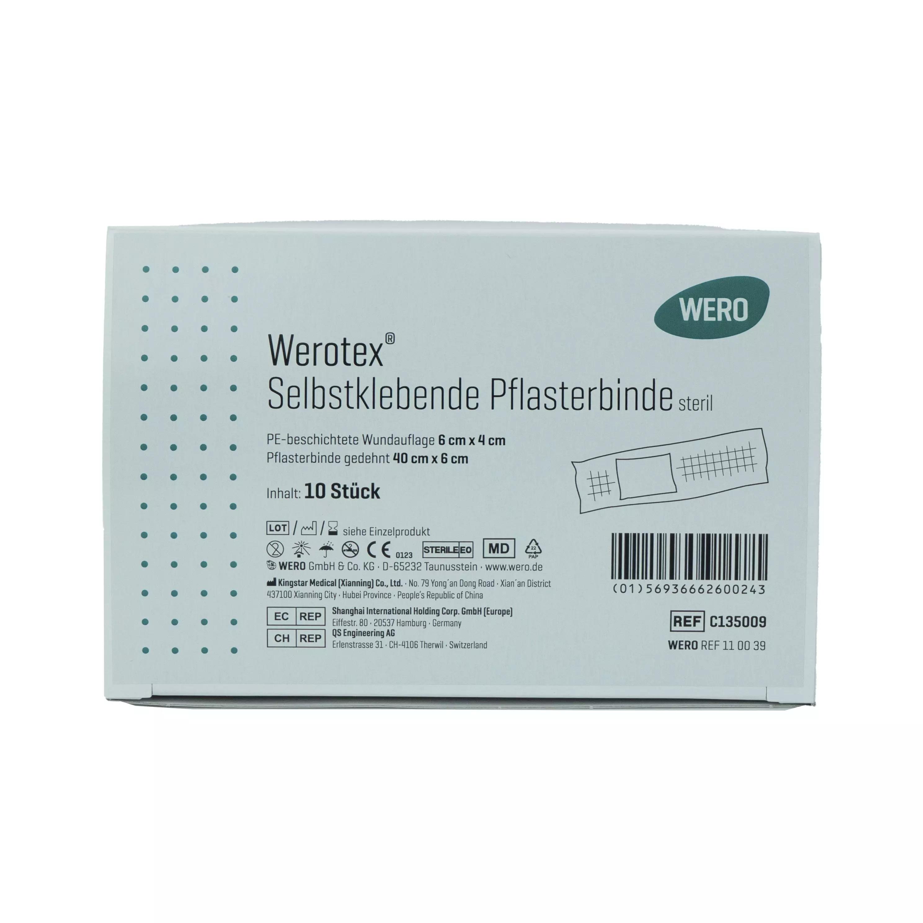 Werotex® selbstklebende Pflasterbinde, steril - 10 Stk, in weißer Box mit grünem Label und Aufdruck zu Größe, Anwendung sowie Packungsinhalt.