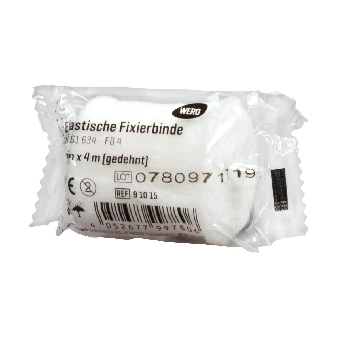 Eine originalverpackte Mullbinde Elastische Fixierbinde DIN 61634 – 4 cm liegt gefaltet mit weichem, dehnbarem Gewebe und gewebten Kanten in transparenter Folie.