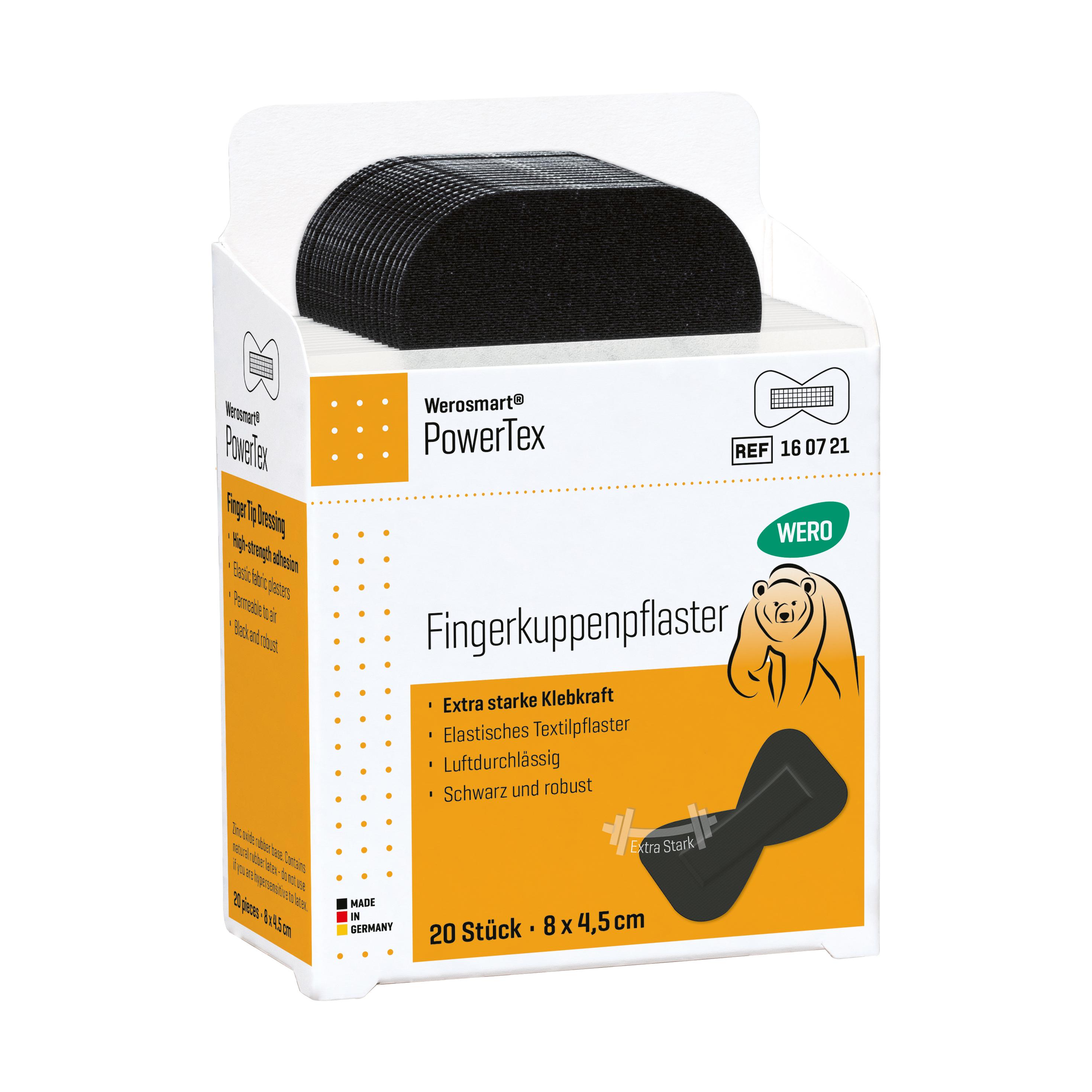 Werosmart® PowerTex Pflasterspender-Einsätze Fingerkuppenpflaster im Spenderkarton mit grün-weißer Beschriftung und Illustrationen, Pflaster schwarz gestapelt.