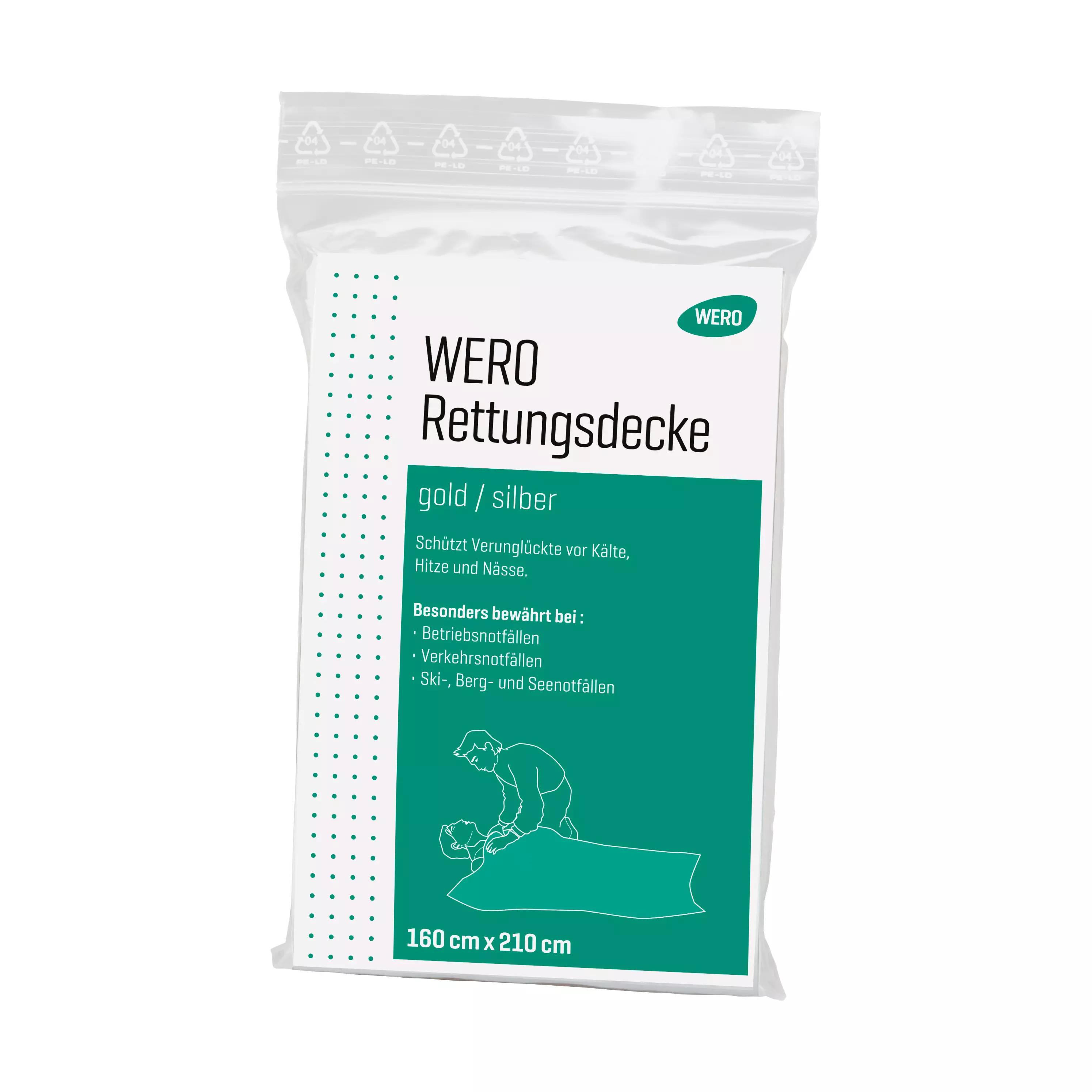 Ein in Folie verpacktes WERO Rettungsdecke Set mit goldener und silberner Seite, 160 x 210 cm, schützt wirksam vor Kälte und Hitze.
