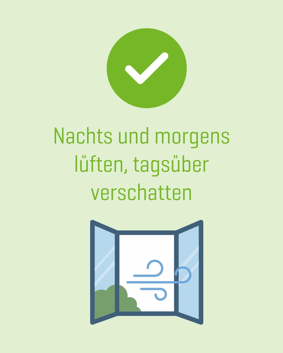 Grüner Kreis mit weißem Haken über deutschem Hinweistext, darunter ein blau umrandetes Zeitungssymbol mit Windzeichen.