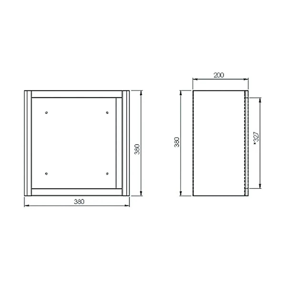 Technische Zeichnung vom WERO AED-Wandschrank mit kompaktem Format, stabilem Korpus und zwei kleinen Löchern an der Frontansicht.