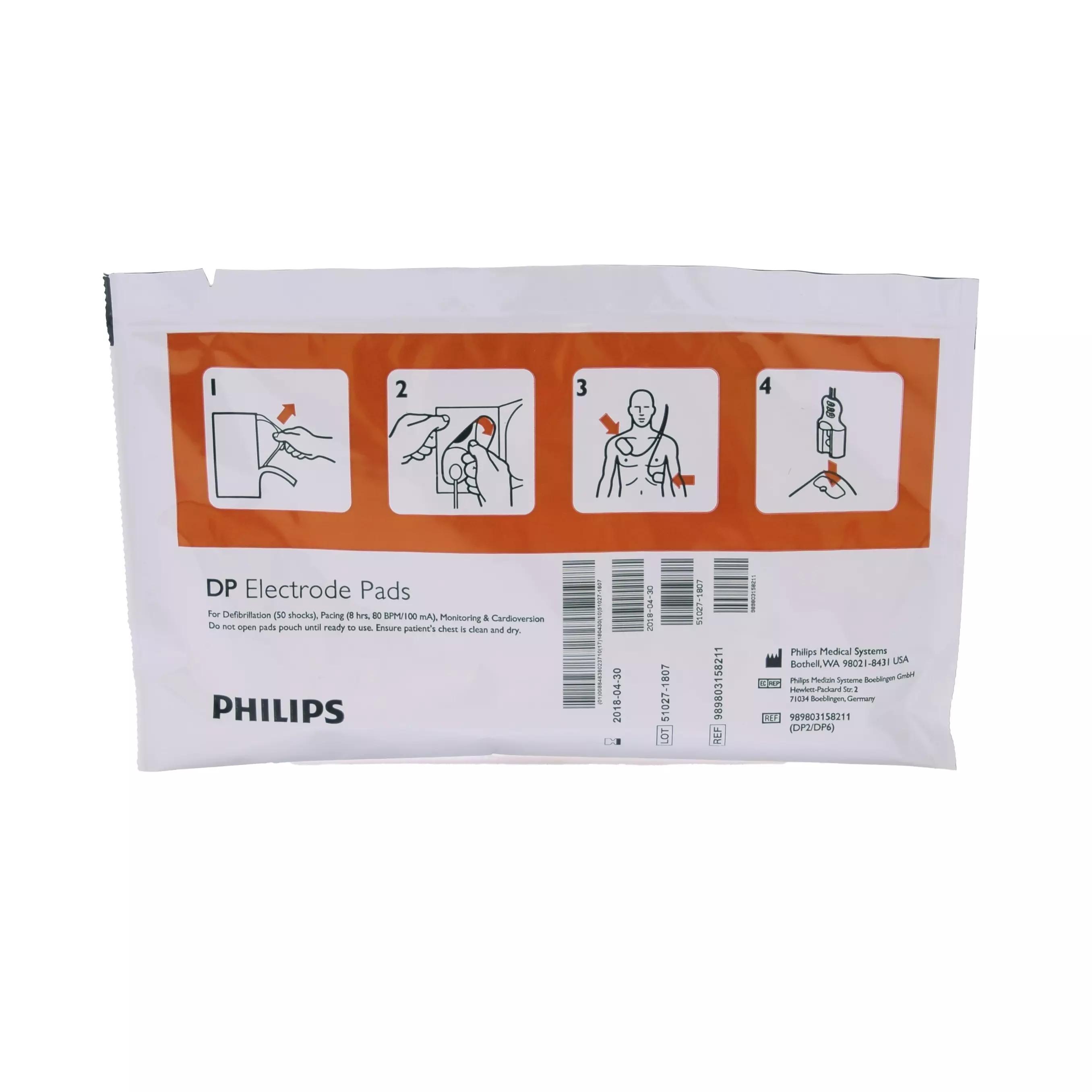 Weißes Philips Defibrillationselektroden-Pads Set für Erwachsene, mit Anwendungsillustrationen und detaillierten Produktangaben auf der Verpackung.
