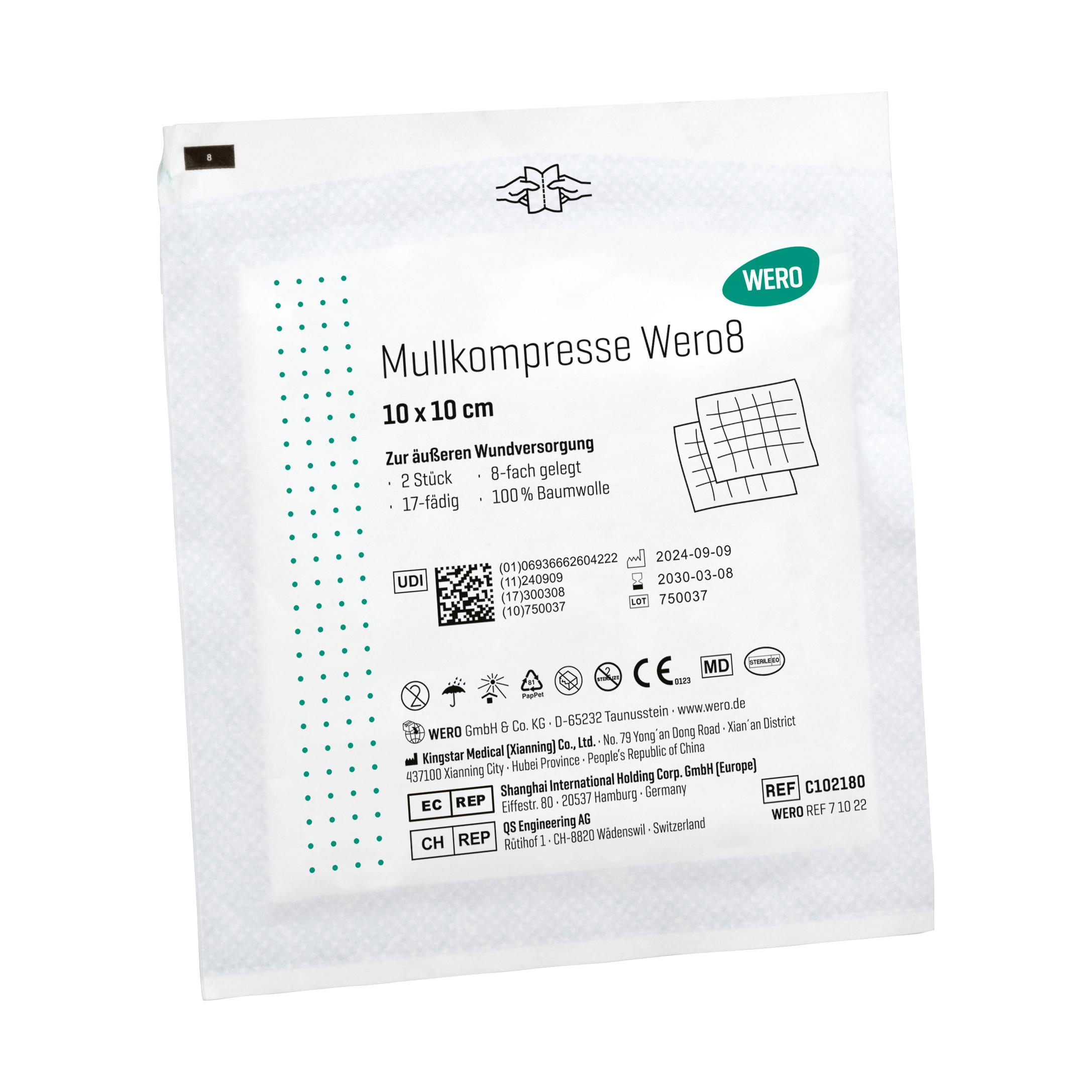 Steril verpackte Mullkompresse Wero8, 10 x 10 cm, aus 100 % Baumwolle, 17-fädig, mit eingeschlagenen Schnittkanten.