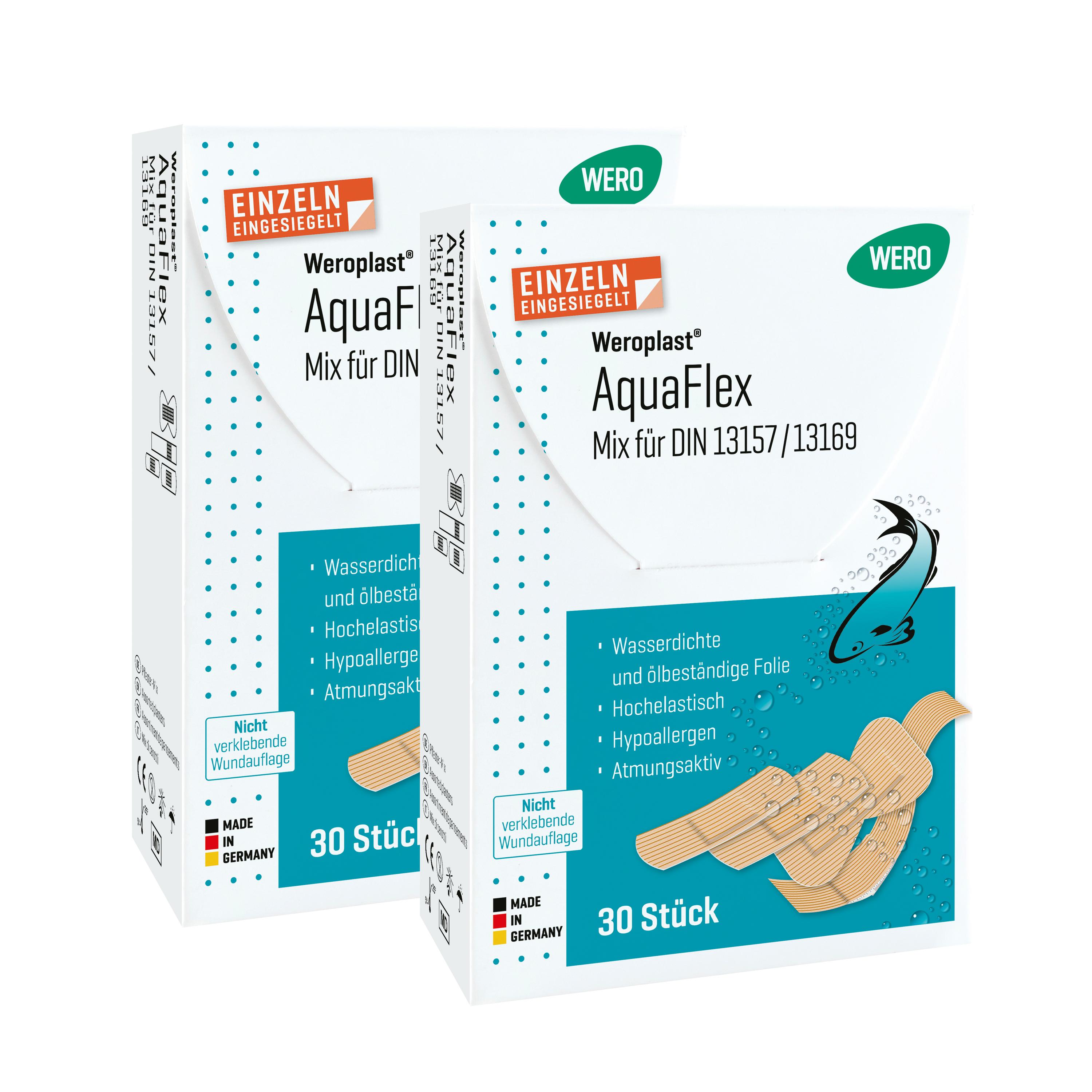 Zwei Packungen Weroplast® AquaFlex Mix für DIN 13157 / 13169 zeigen wasserdichte, flexible Pflaster, die weitgehend Hautaufweichung verhindern.