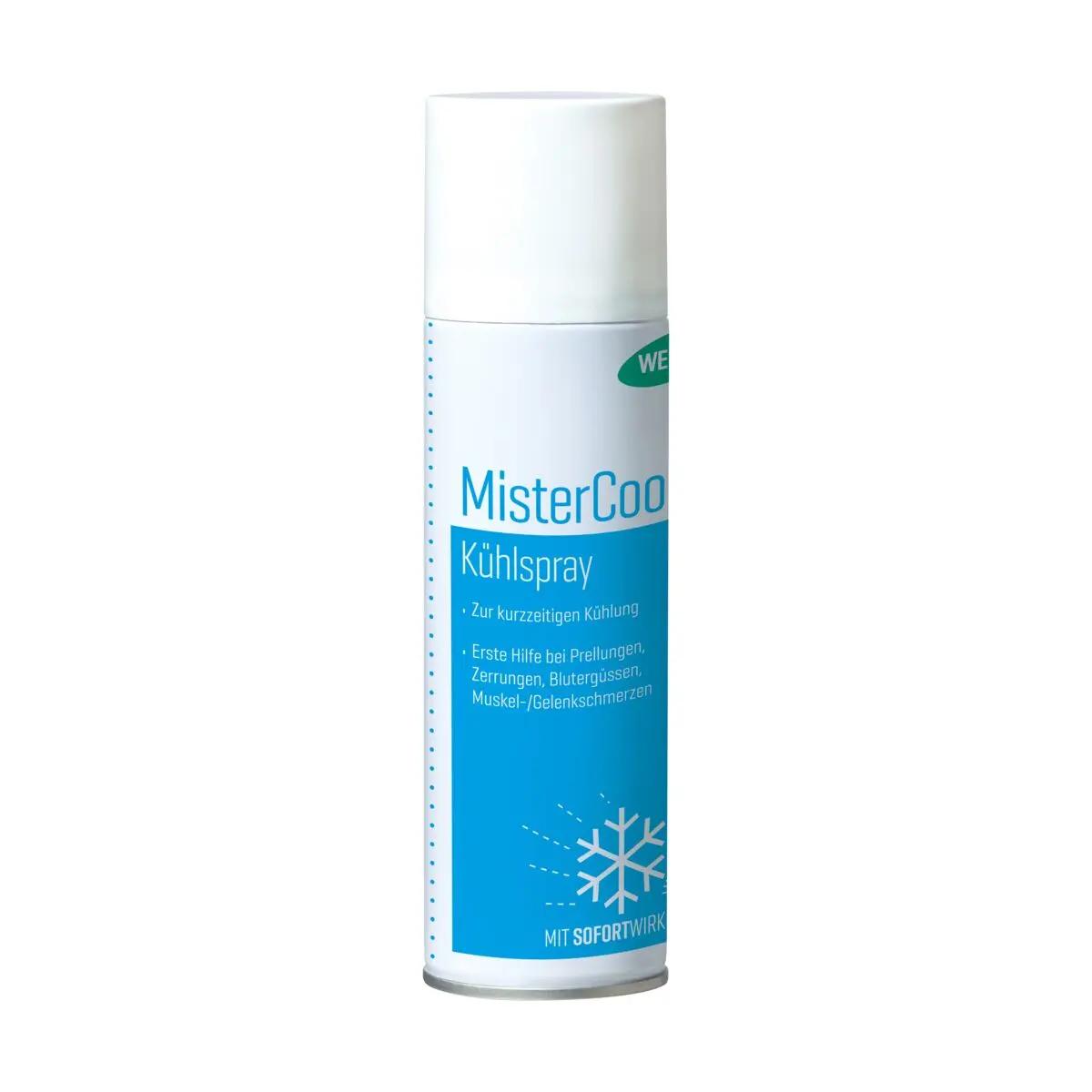 Weiße Spraydose WERO MisterCool Kühlspray 300 ml mit blauem Etikett, Schneeﬂockensymbol, deutscher Aufschrift, stehend vor weißem Hintergrund
