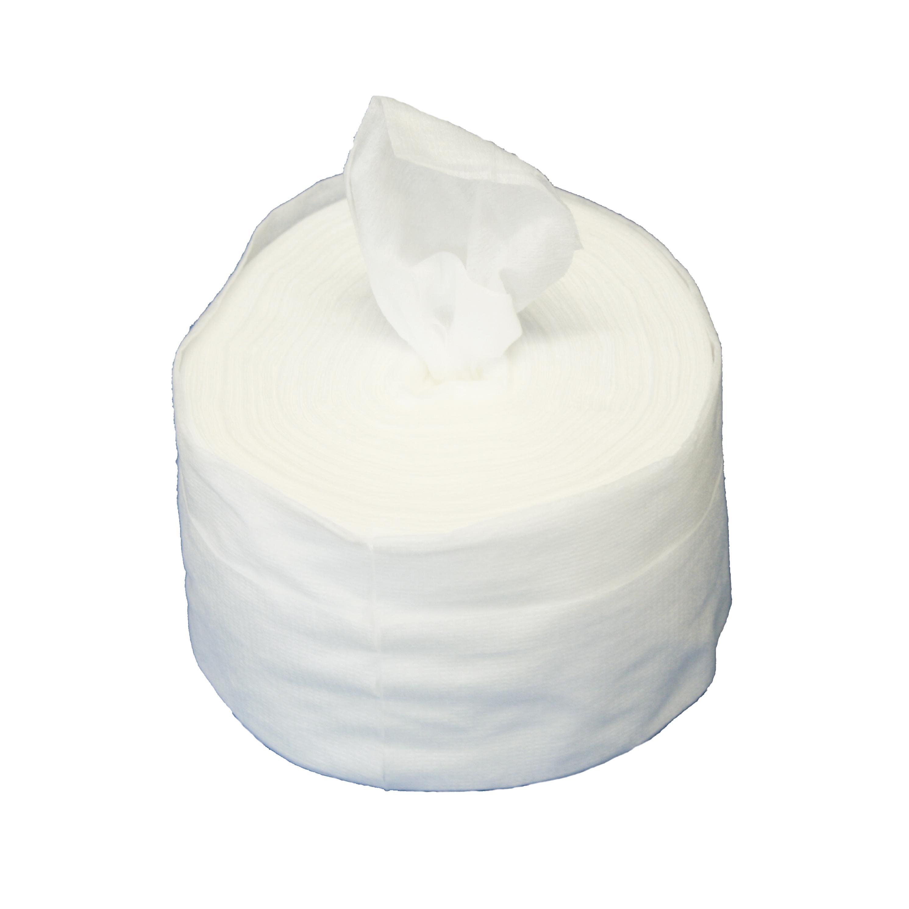 Weiße Trockentuchrolle mit 150 Blatt, sichtbar mit einer kleinen Ausstanzung, aus 85% PP und 15% Viskose, weiche geprägte Oberfläche.