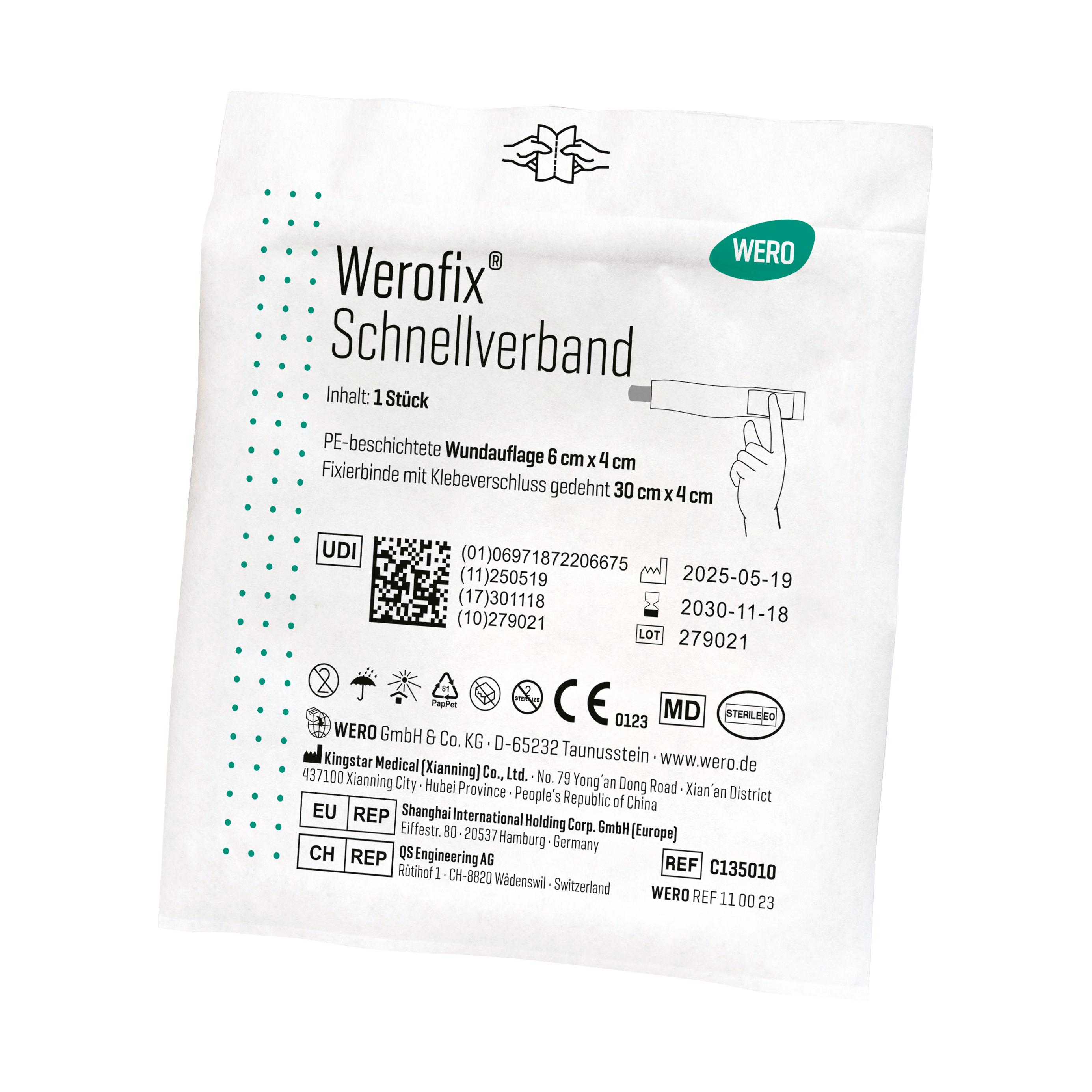 Eine einzeln verpackte Werofix® Schnellverband, steril - 1 Stk, mit großer, saugstarker Wundauflage, dehnbarer Fixierbinde und nicht verklebender Beschichtung.