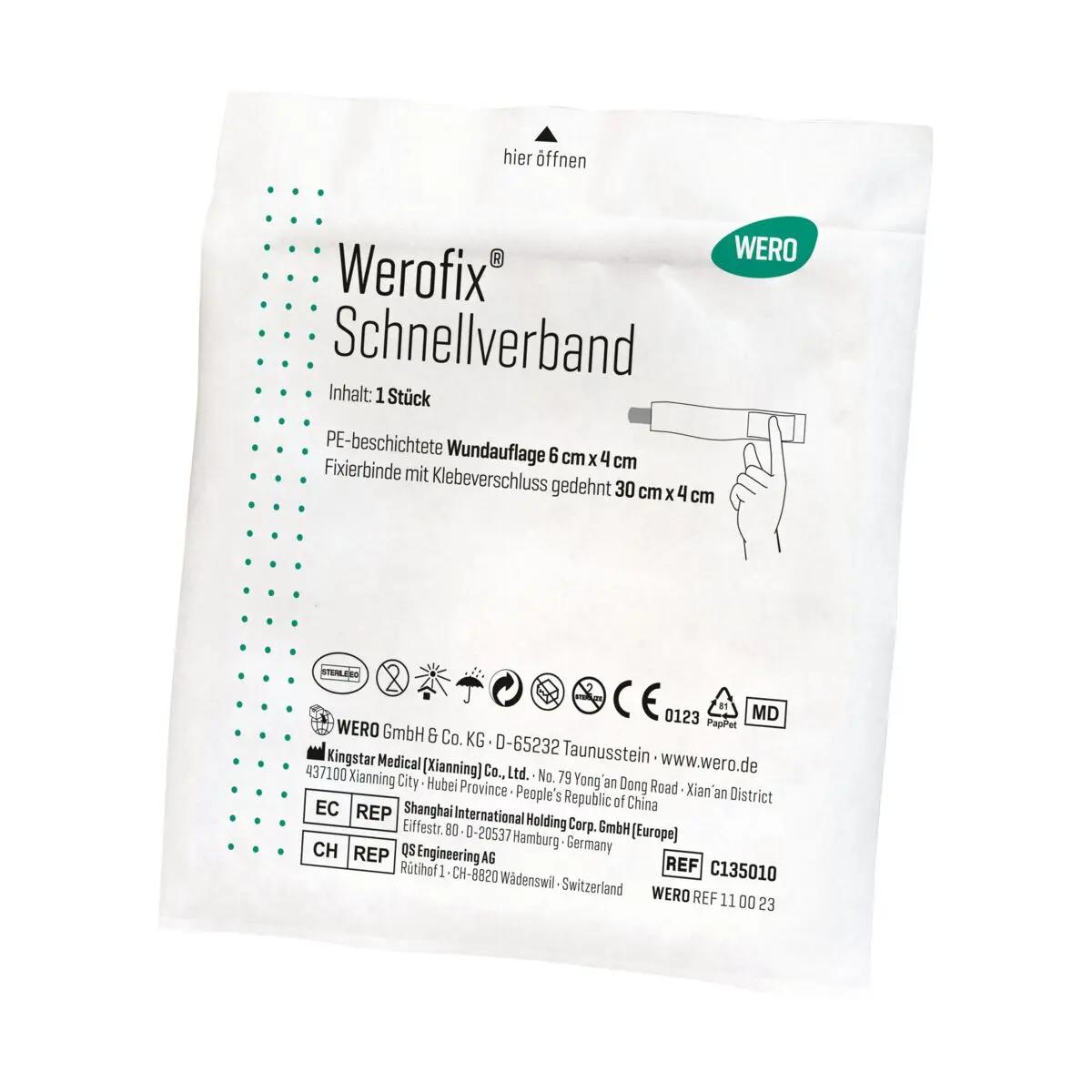 Eine einzeln verpackte Werofix® Schnellverband, steril - 1 Stk, mit großer, saugstarker Wundauflage, dehnbarer Fixierbinde und nicht verklebender Beschichtung.