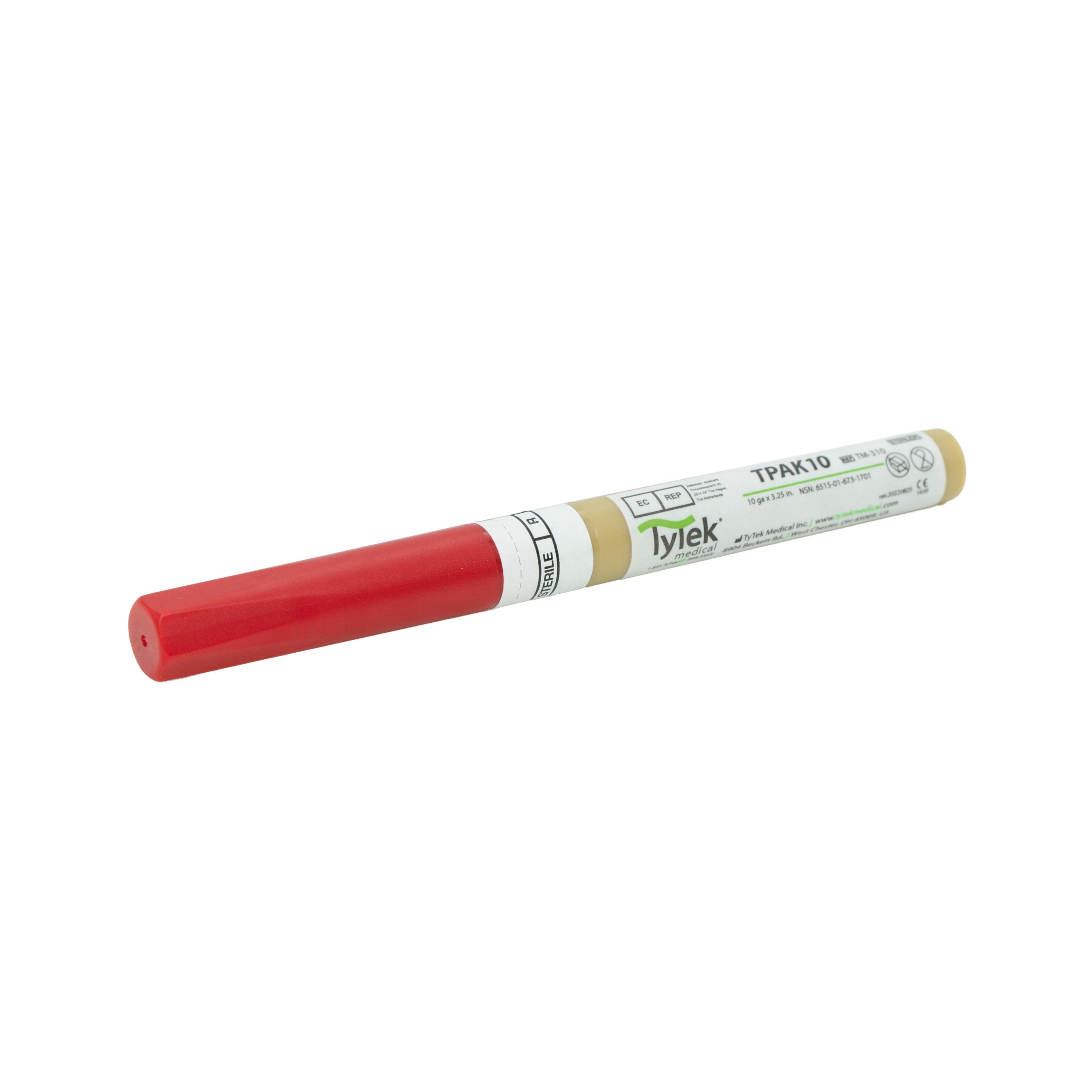 Ein Entlastungspunktionsnadel TPAK - 50 Stk, 10 Marker mit rotem Deckel, cremefarbenem Schaft und grüner-gelber Markenbeschriftung liegt waagrecht.